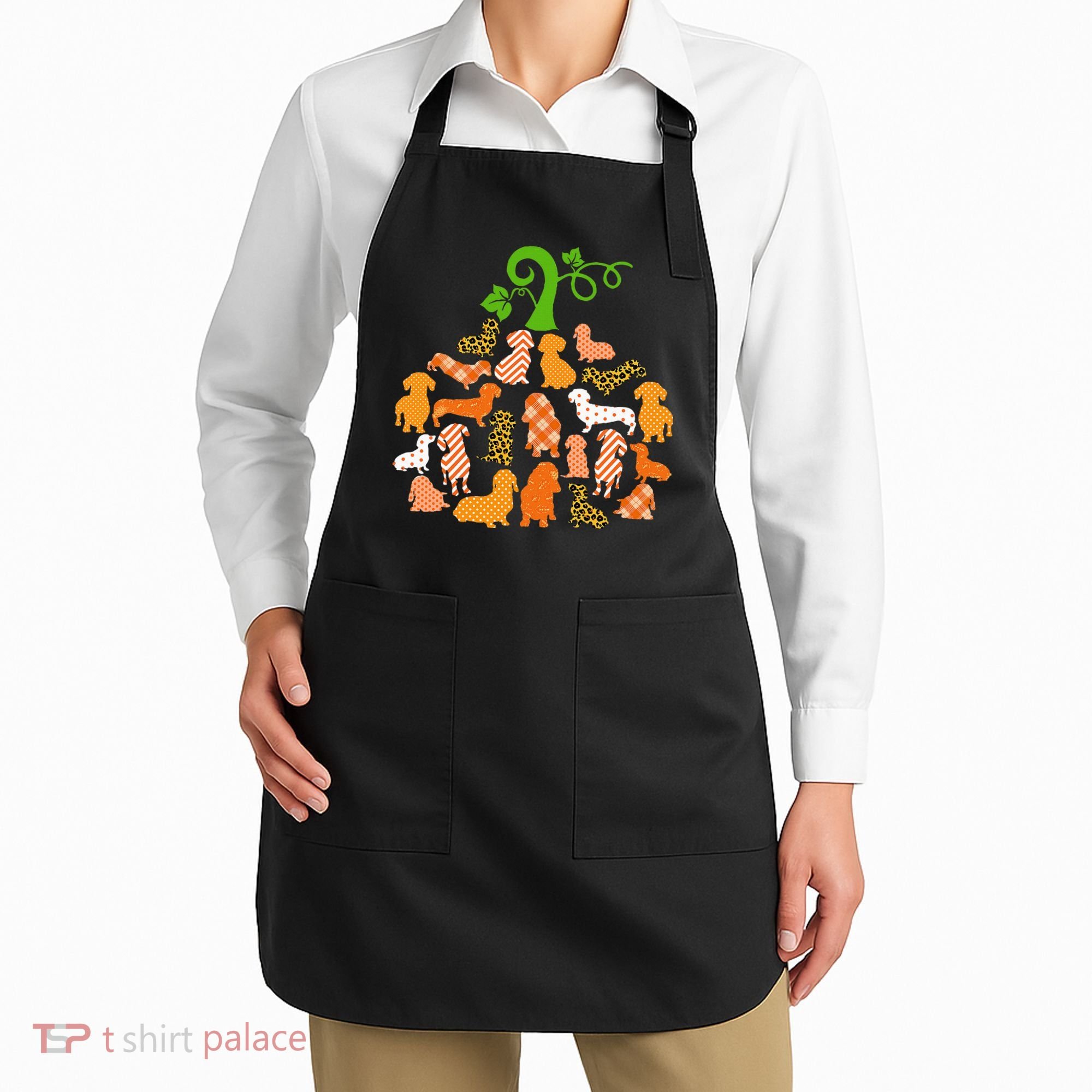 Dachshund Pumpkin Shape Plaid Leopard Dog Autumn Halloween Apron