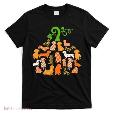 Dachshund Pumpkin Shape Plaid Leopard Dog Autumn Halloween T-Shirt