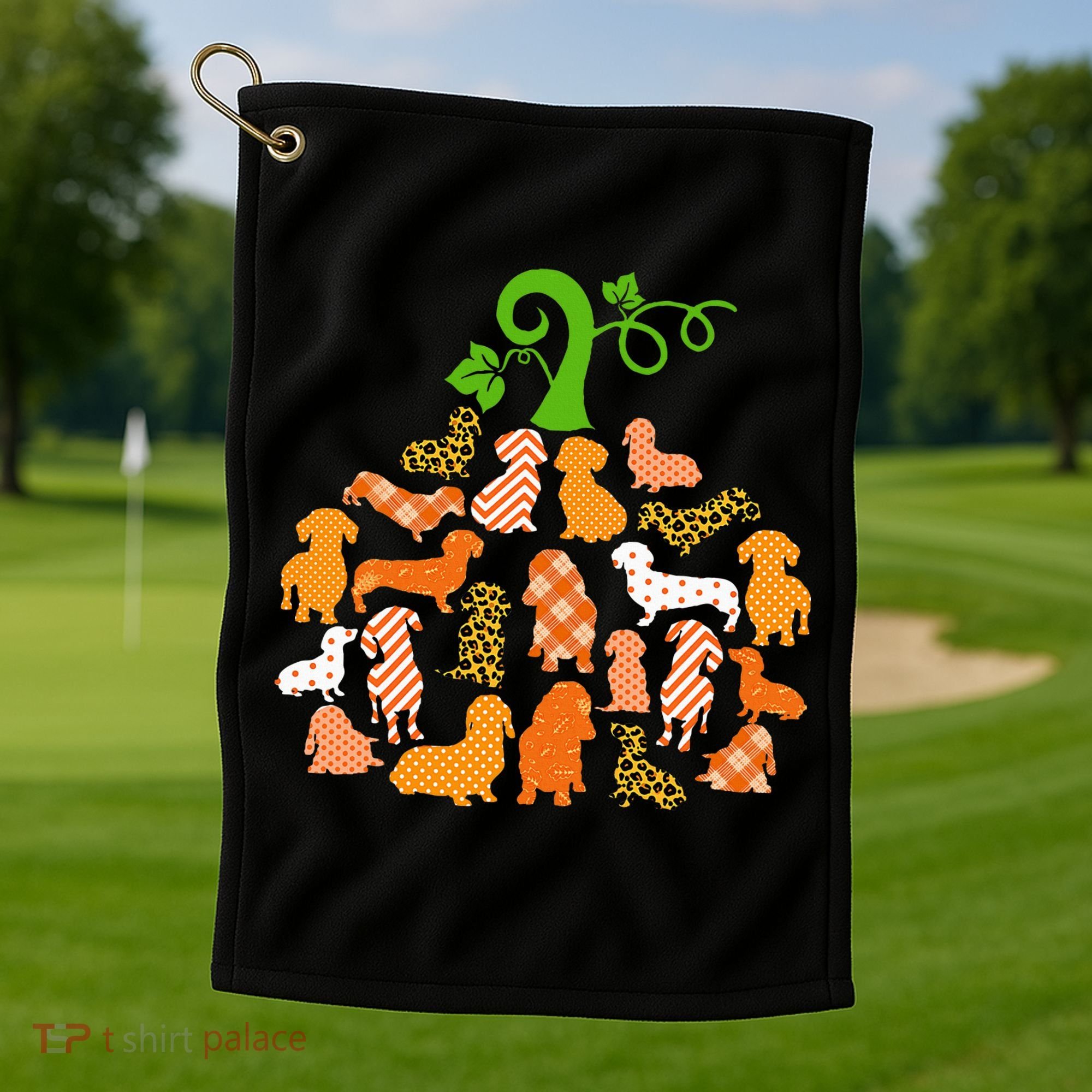 Dachshund Pumpkin Shape Plaid Leopard Dog Autumn Halloween Golf Towel