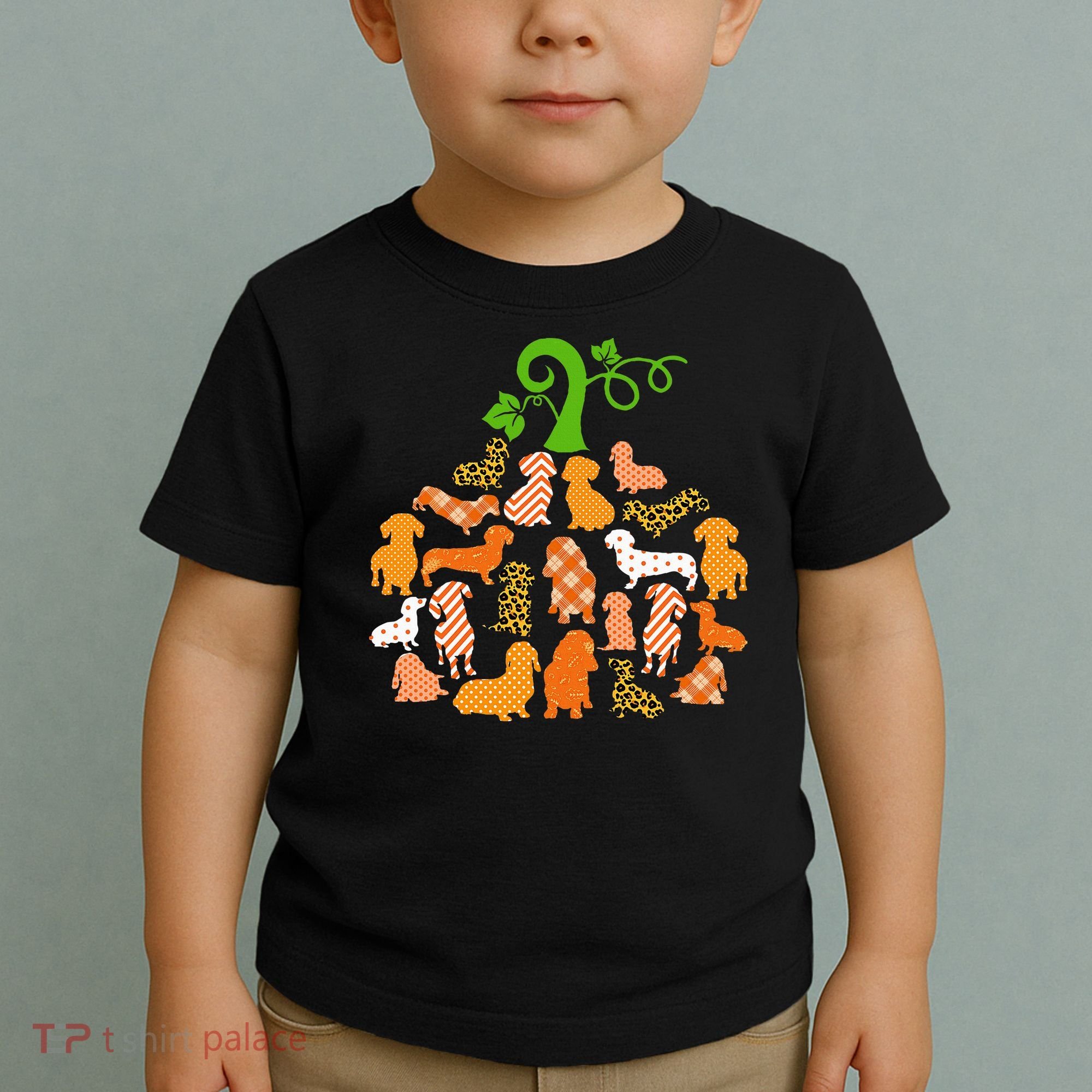 Dachshund Pumpkin Shape Plaid Leopard Dog Autumn Halloween Toddler T-Shirt