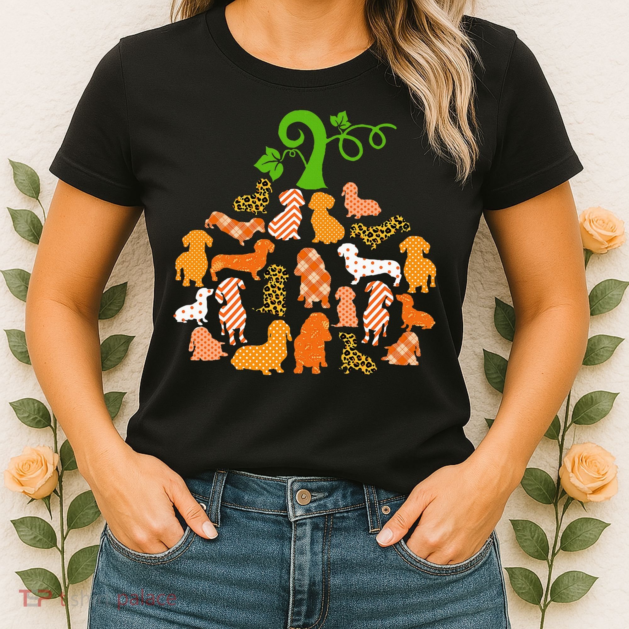 Dachshund Pumpkin Shape Plaid Leopard Dog Autumn Halloween Women's T-Shirt