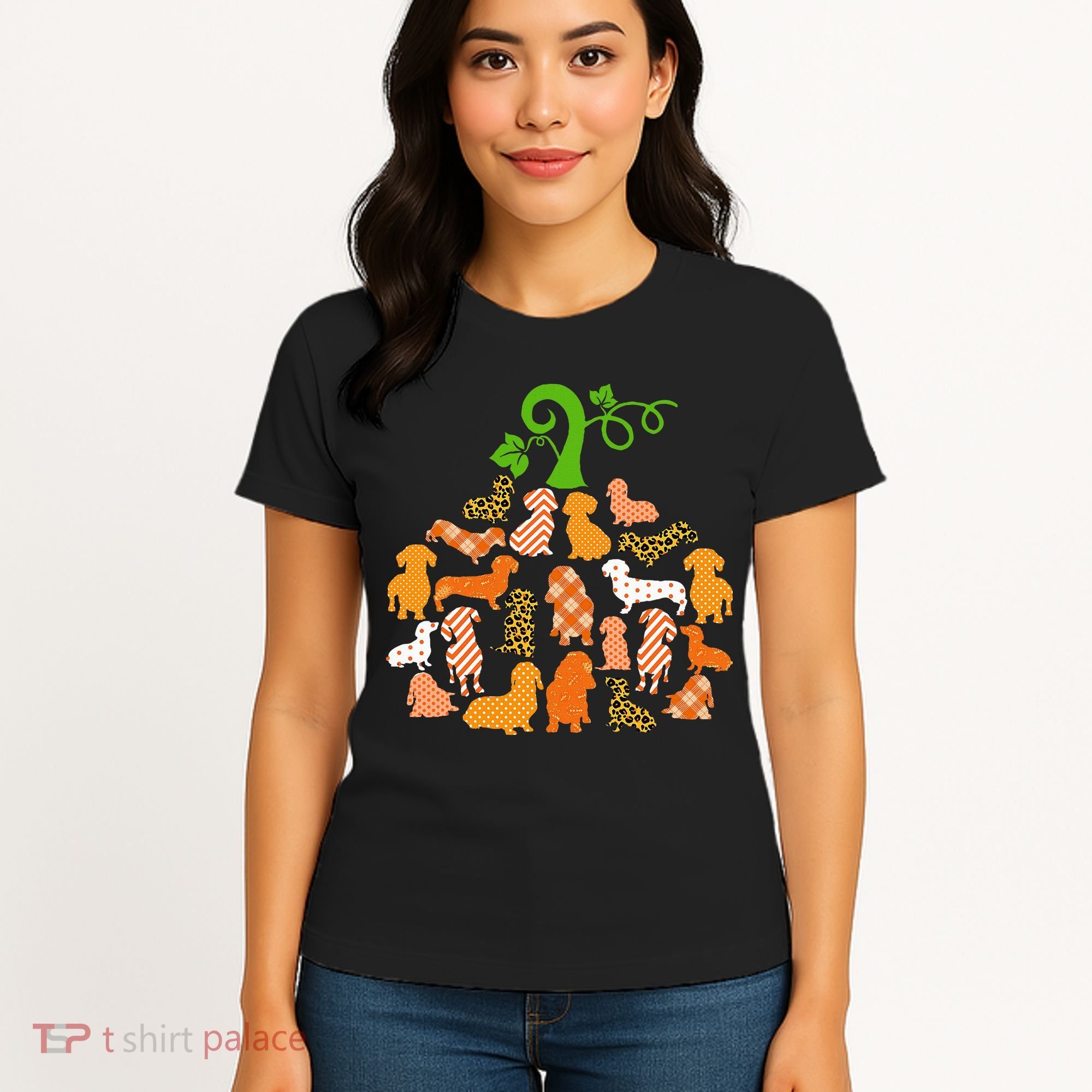 Dachshund Pumpkin Shape Plaid Leopard Dog Autumn Halloween Women's T-Shirt