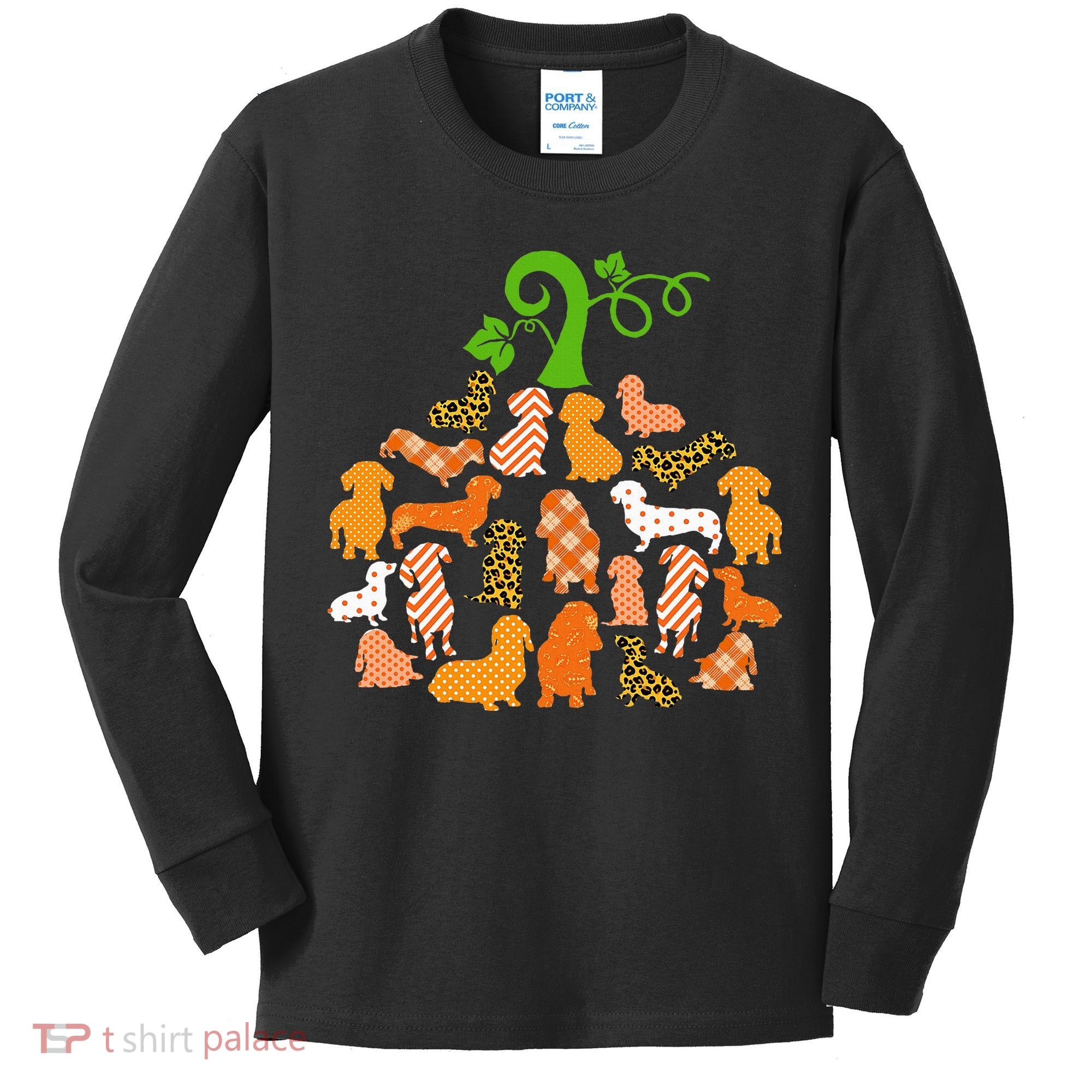 Dachshund Pumpkin Shape Plaid Leopard Dog Autumn Halloween Kids Long Sleeve Shirt
