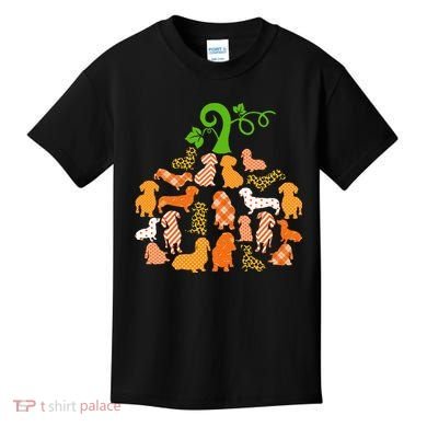 Dachshund Pumpkin Shape Plaid Leopard Dog Autumn Halloween Kids T-Shirt