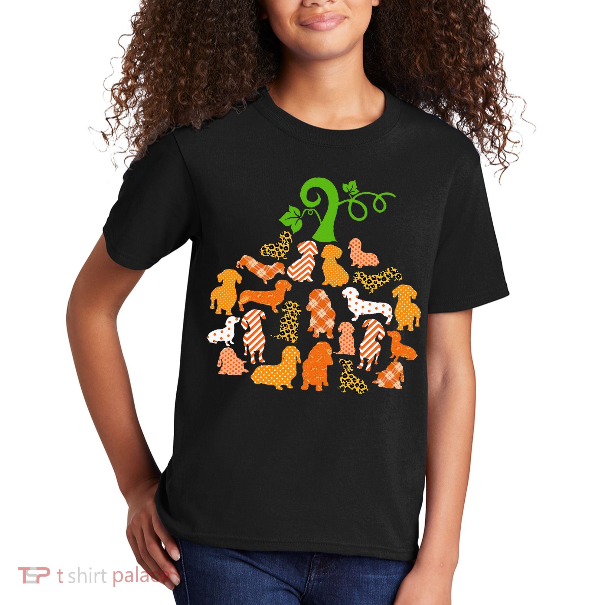 Dachshund Pumpkin Shape Plaid Leopard Dog Autumn Halloween Kids T-Shirt