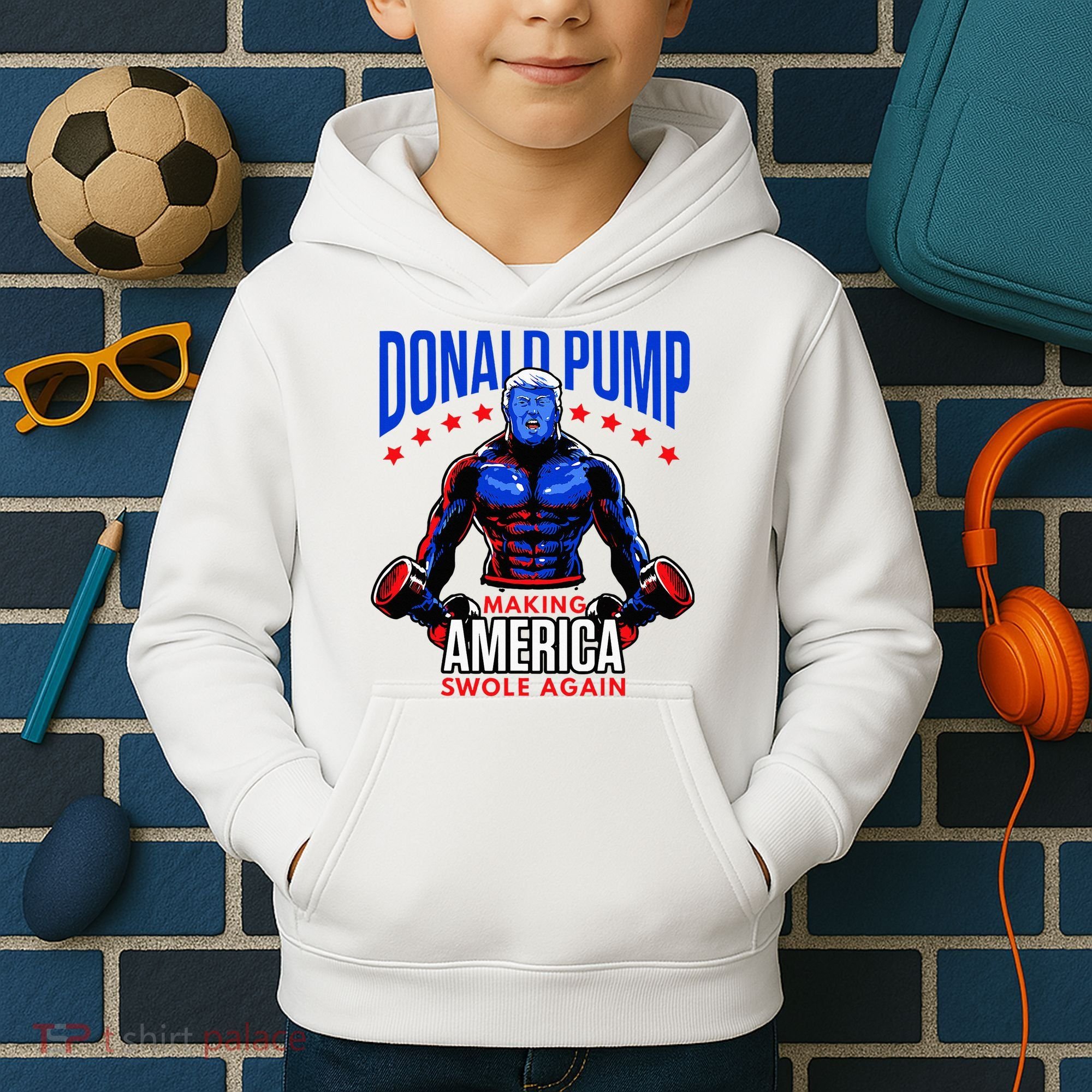 Donald Pump Swole America Trump Weight Lifting Gym Kids Hoodie