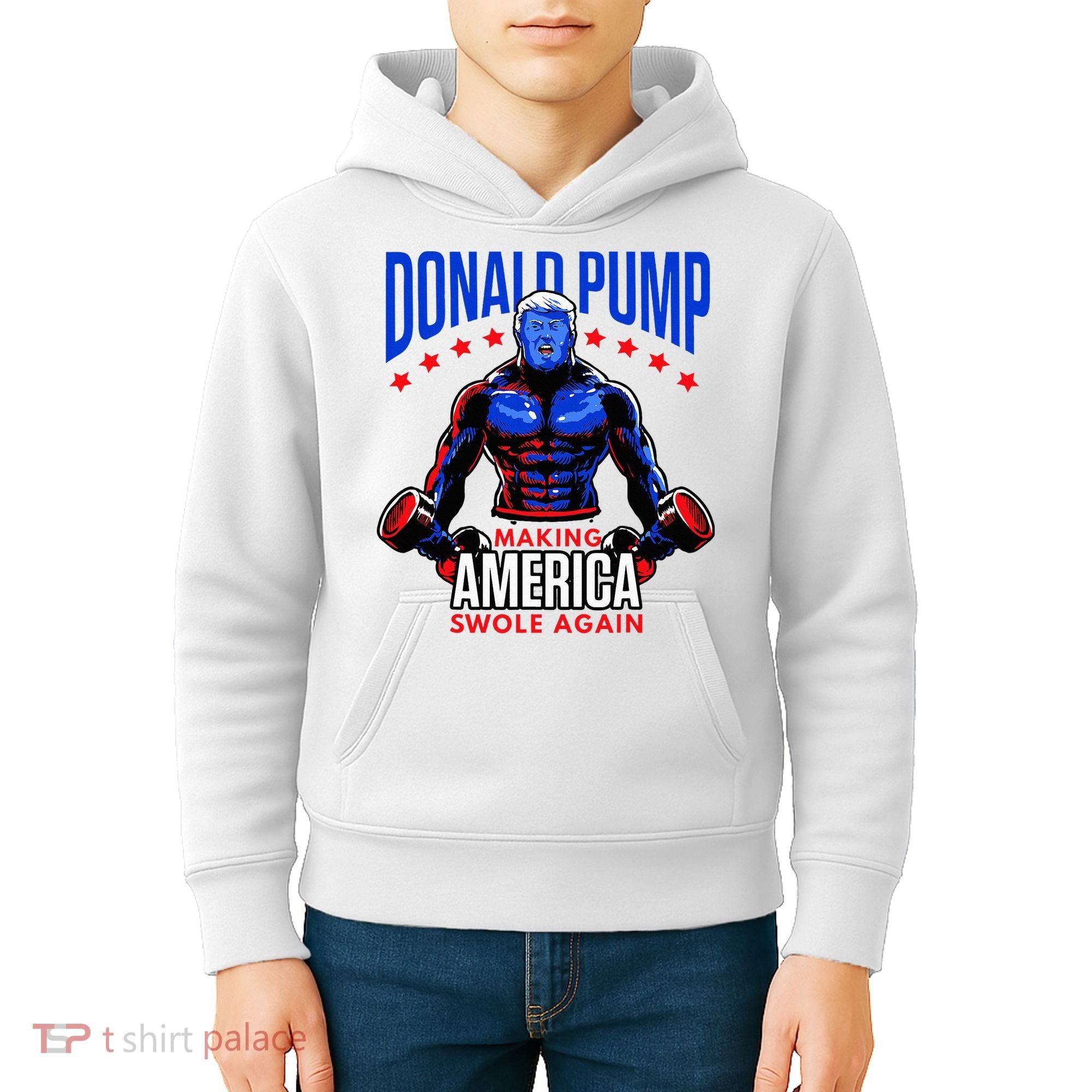 Donald Pump Swole America Trump Weight Lifting Gym Kids Hoodie