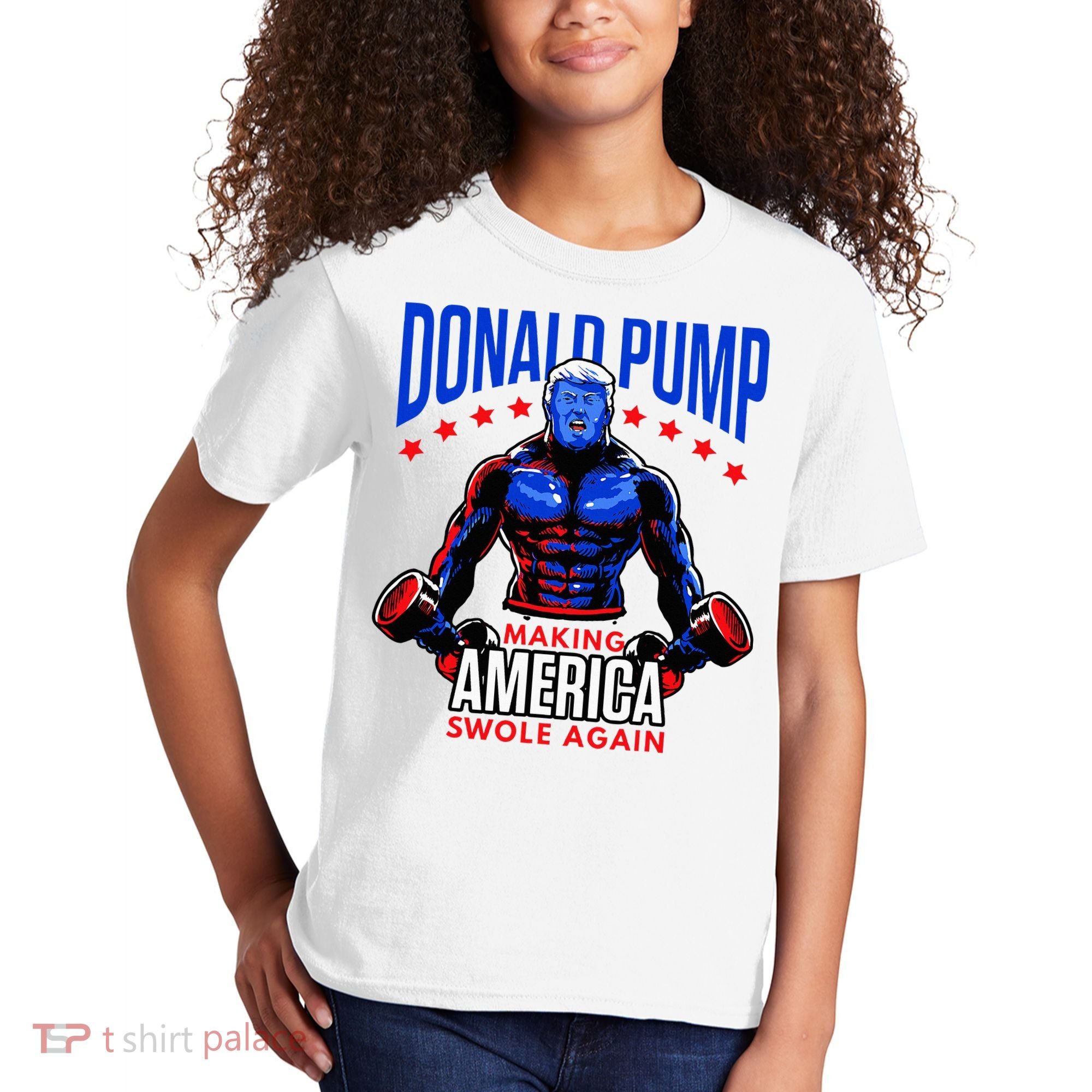 Donald Pump Swole America Trump Weight Lifting Gym Kids T-Shirt