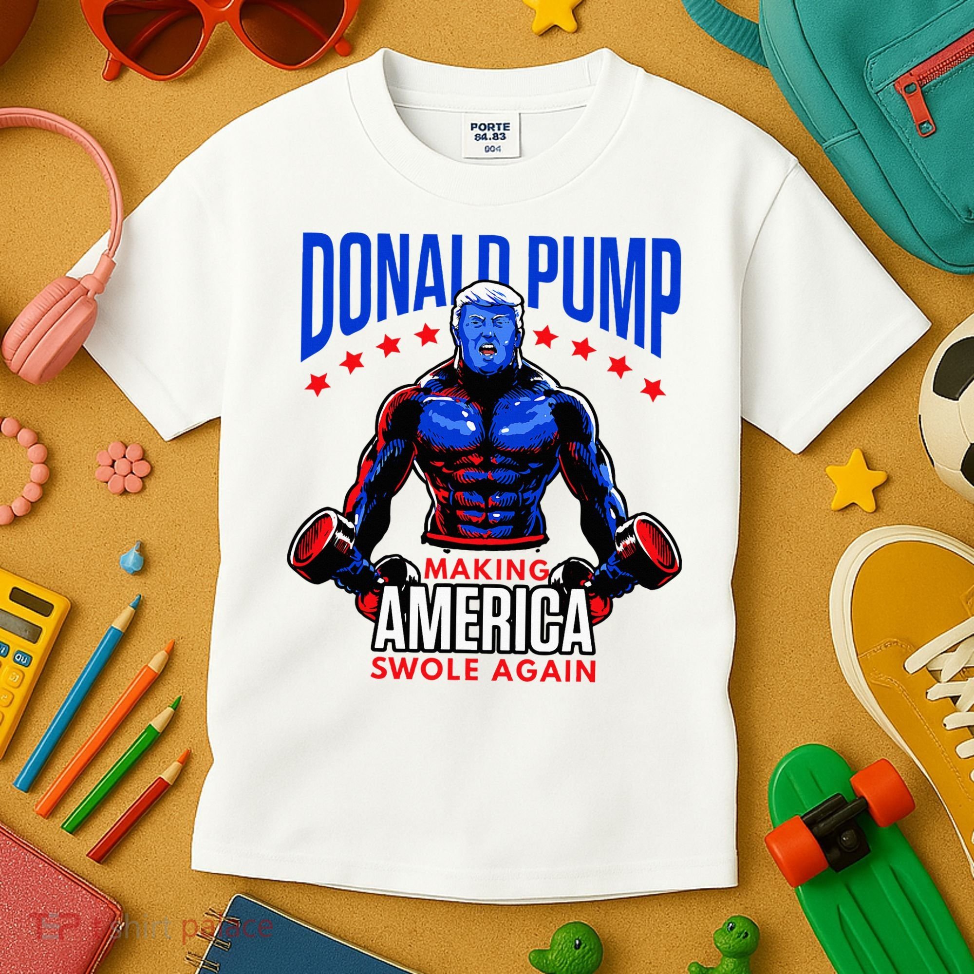 Donald Pump Swole America Trump Weight Lifting Gym Kids T-Shirt