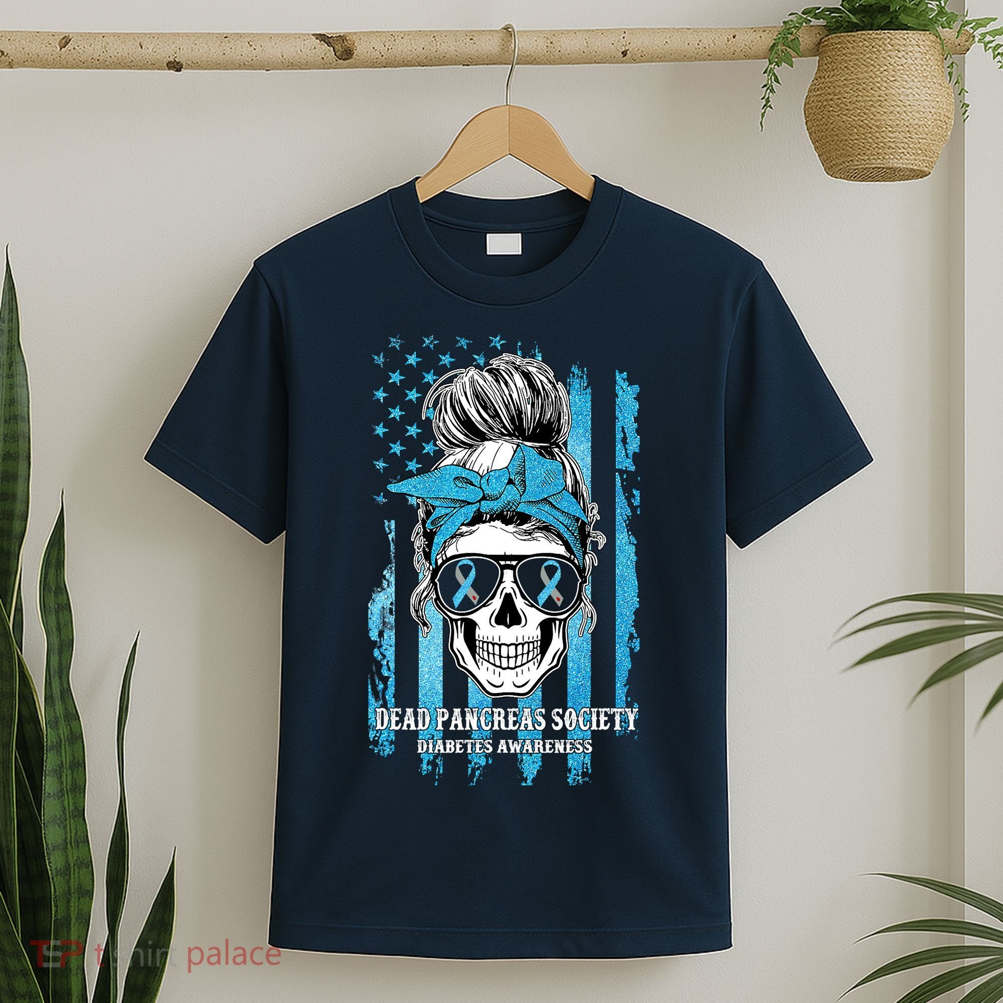 Dead Pancreas Society Diabetes Awareness Skull Messy Bun T-Shirt