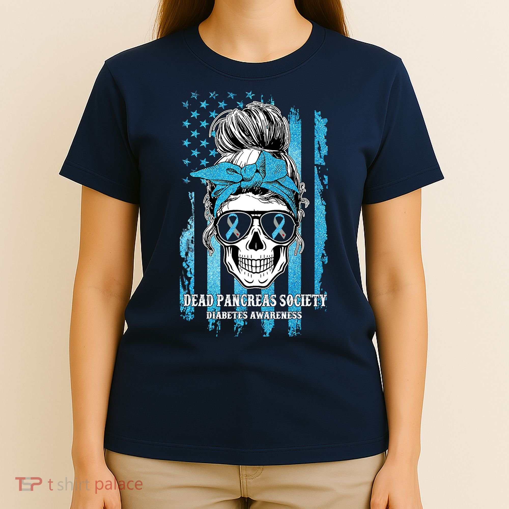 Dead Pancreas Society Diabetes Awareness Skull Messy Bun T-Shirt