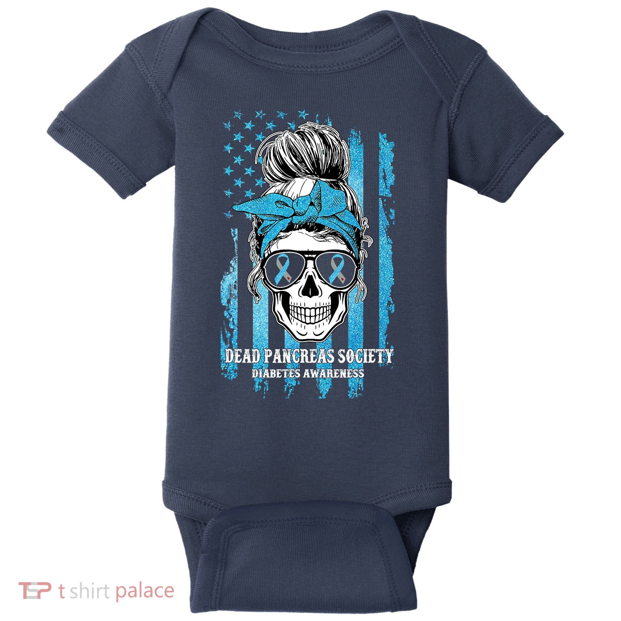 Dead Pancreas Society Diabetes Awareness Skull Messy Bun Baby Bodysuit