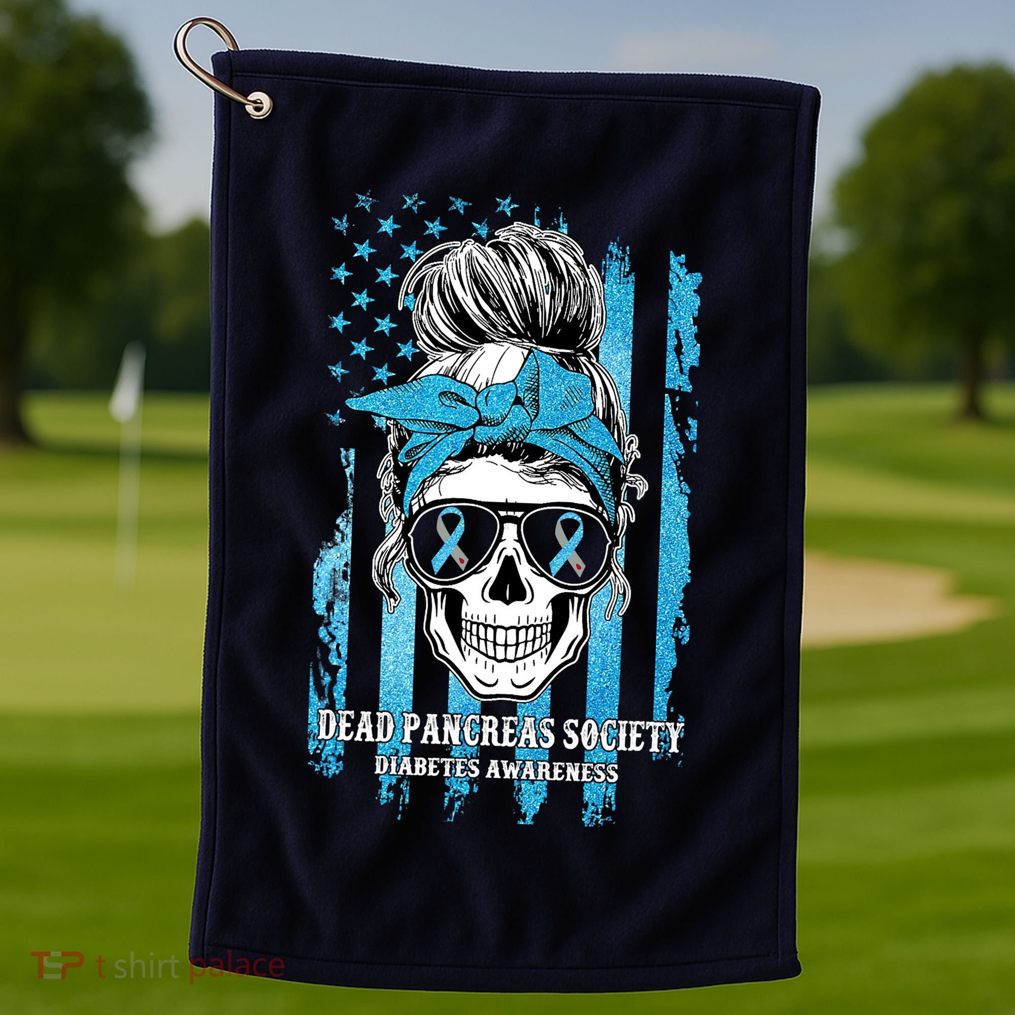 Dead Pancreas Society Diabetes Awareness Skull Messy Bun Golf Towel