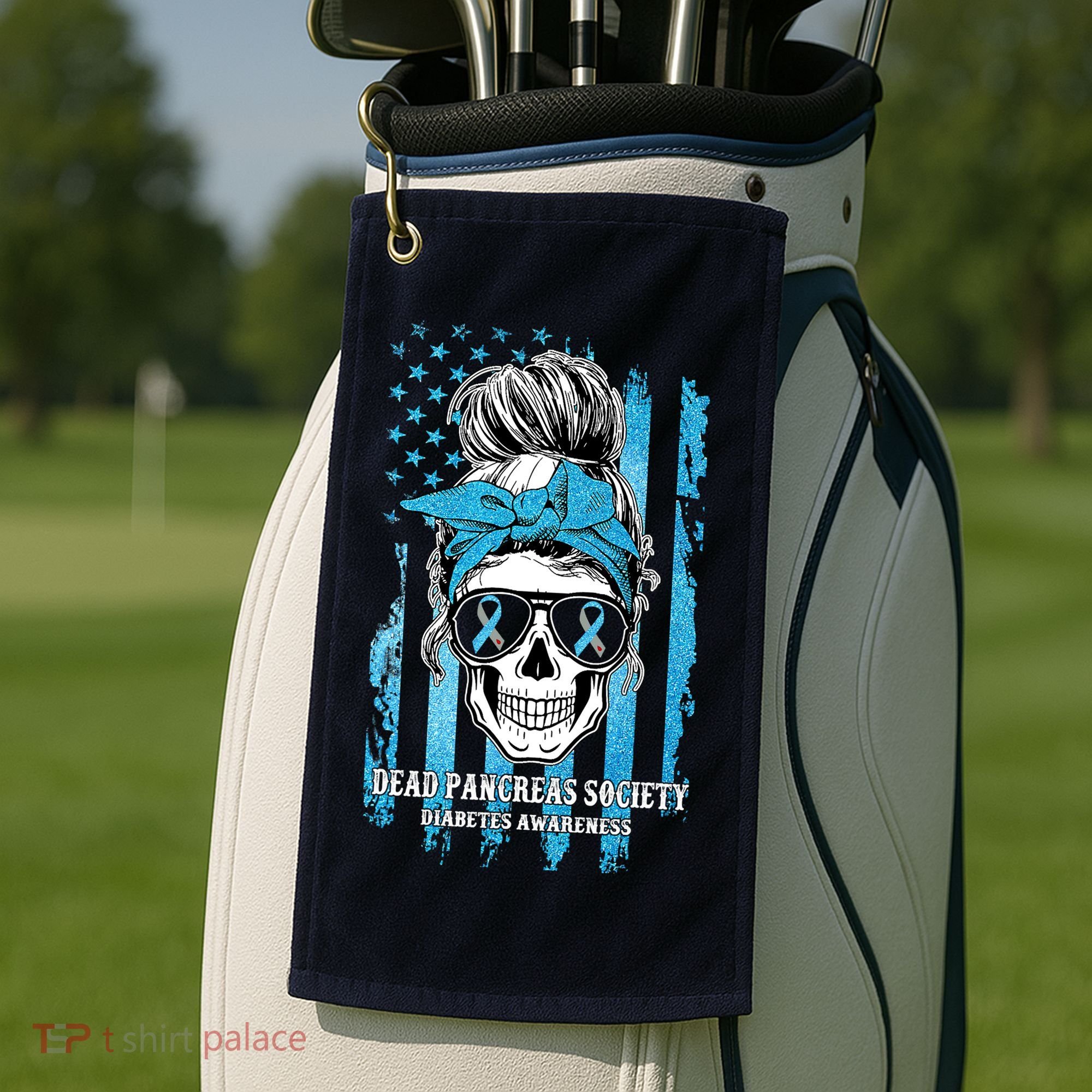 Dead Pancreas Society Diabetes Awareness Skull Messy Bun Golf Towel
