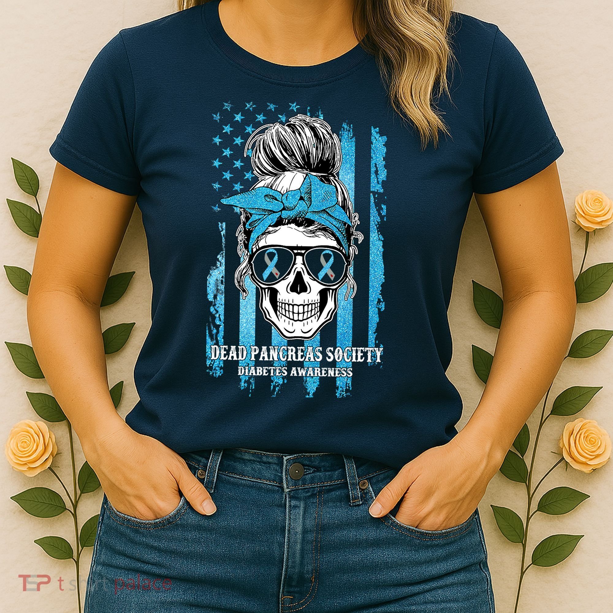 Dead Pancreas Society Diabetes Awareness Skull Messy Bun Women's T-Shirt