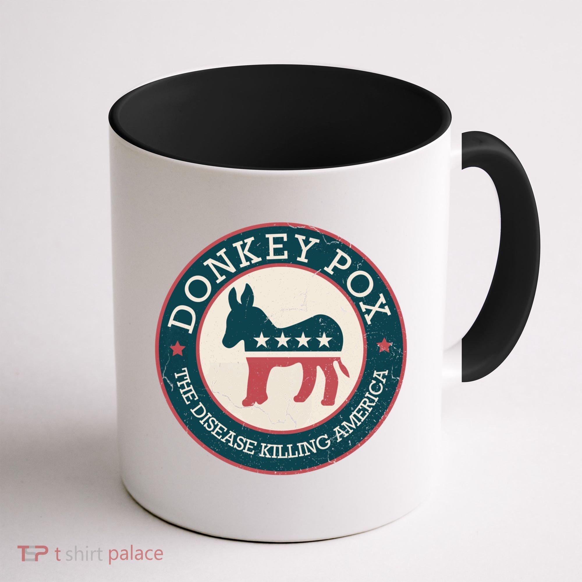 Donkey Pox The Disease Killing America Funny Meme Round Blue And Red With White Coffee Mug