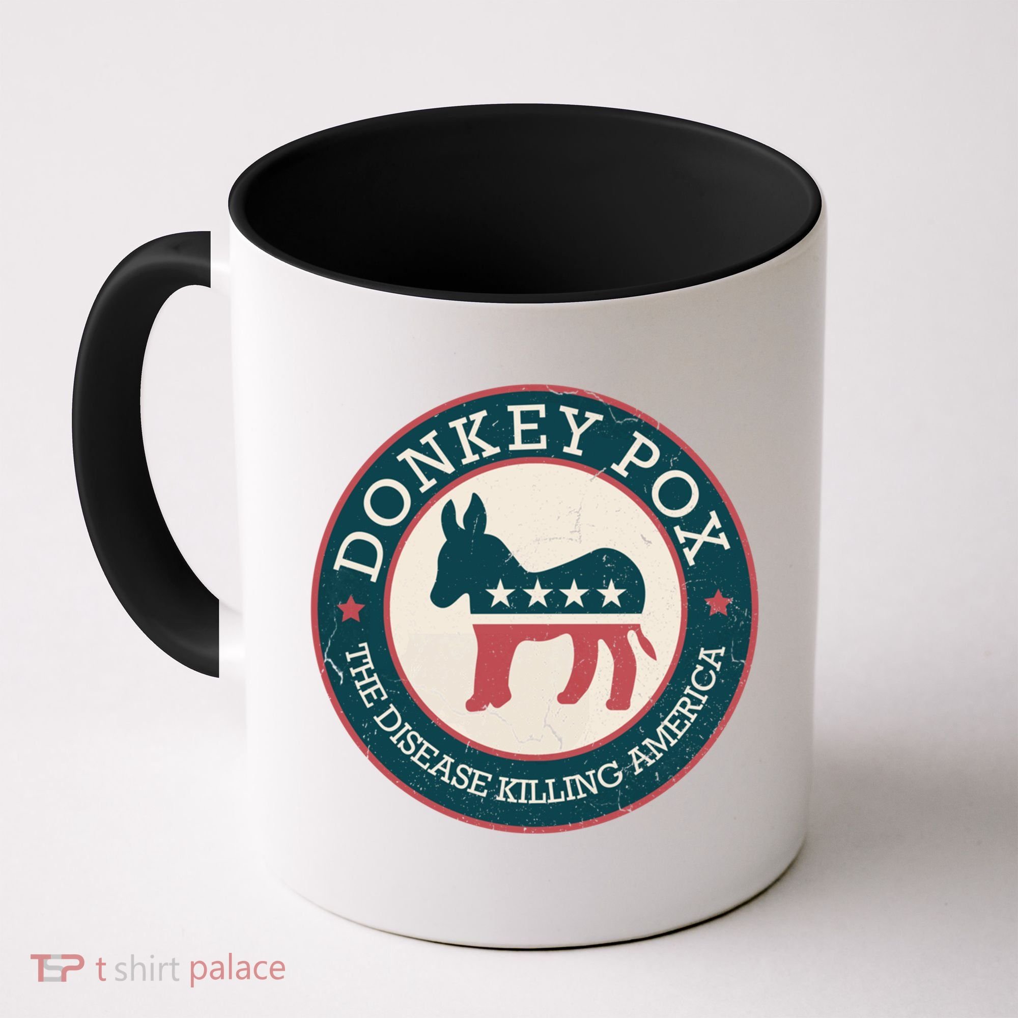 Donkey Pox The Disease Killing America Funny Meme Round Blue And Red With White Coffee Mug