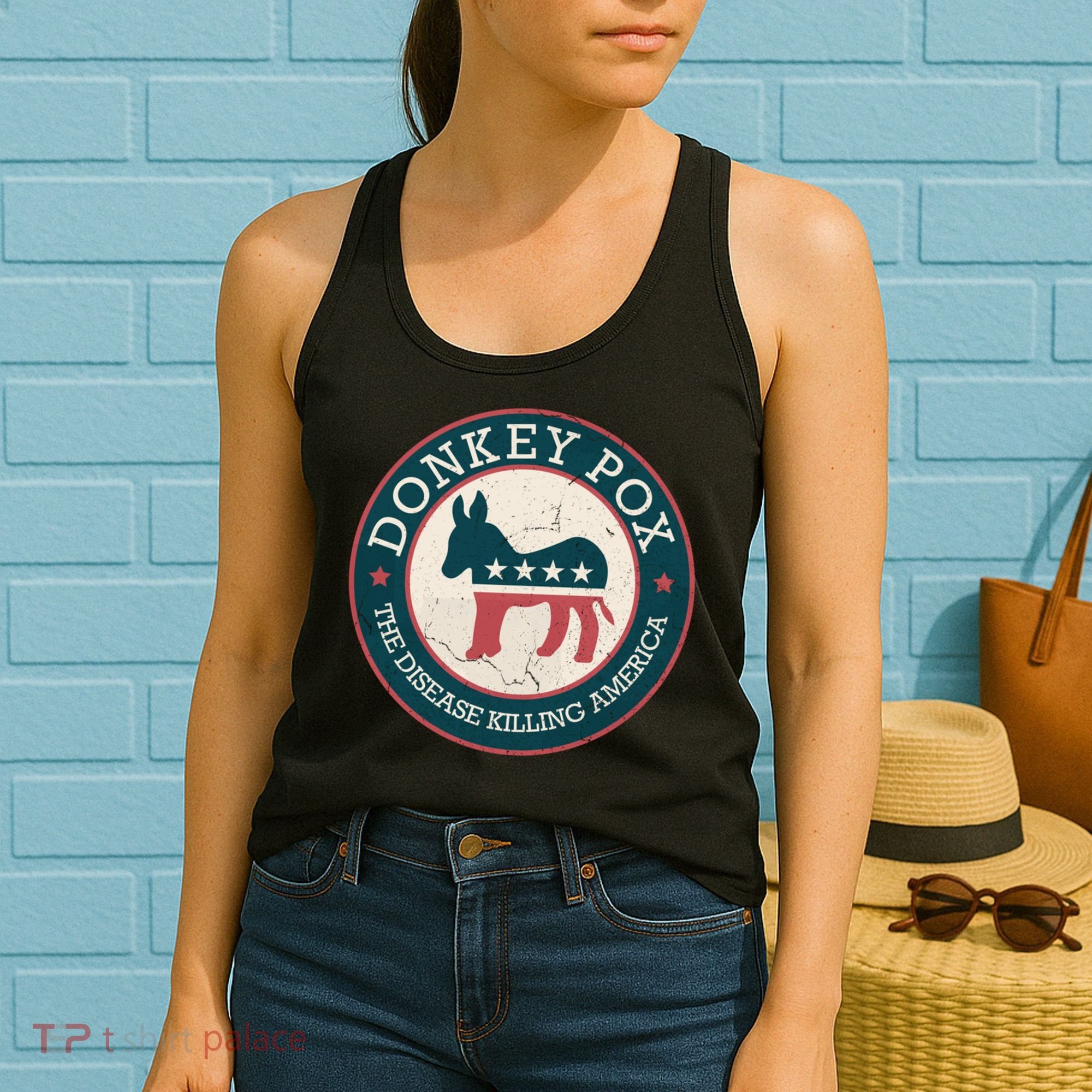 Donkey Pox The Disease Killing America Funny Meme Round Blue And Red With White Women's Tank Top