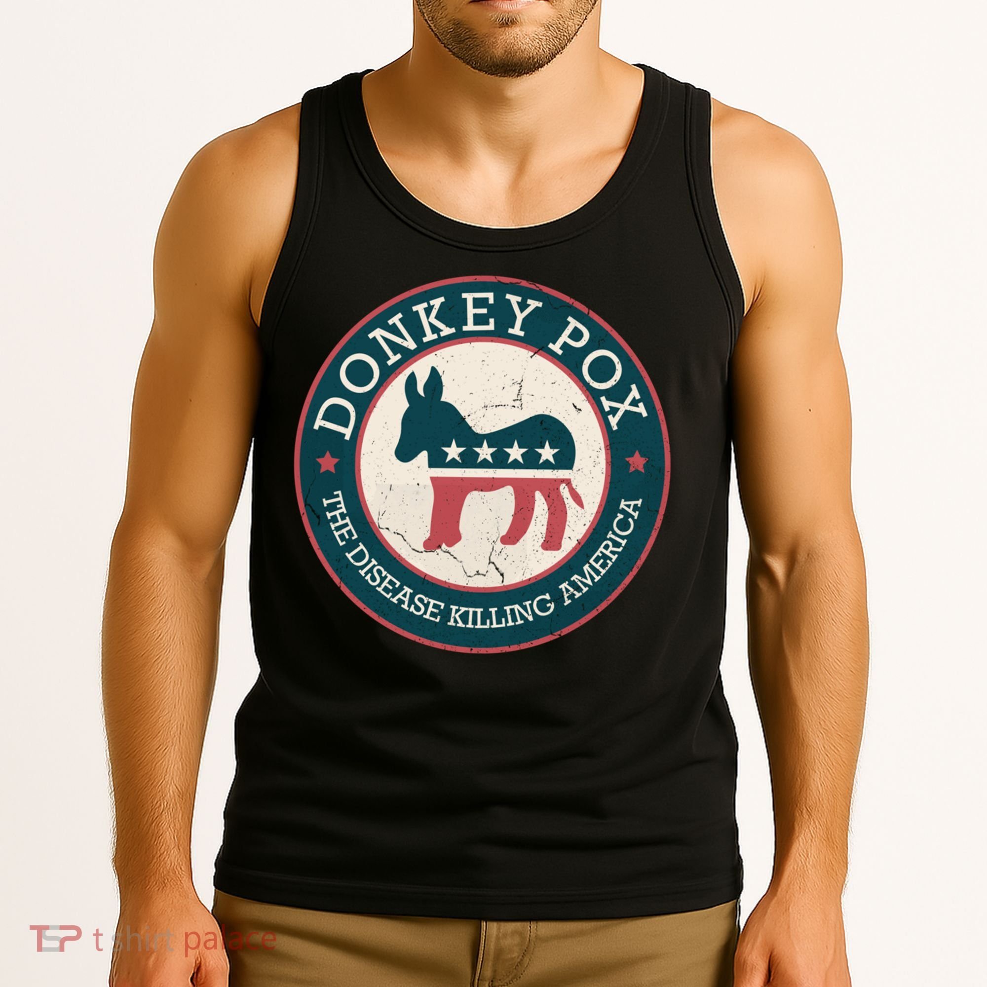 Donkey Pox The Disease Killing America Funny Meme Round Blue And Red With White Tank Top