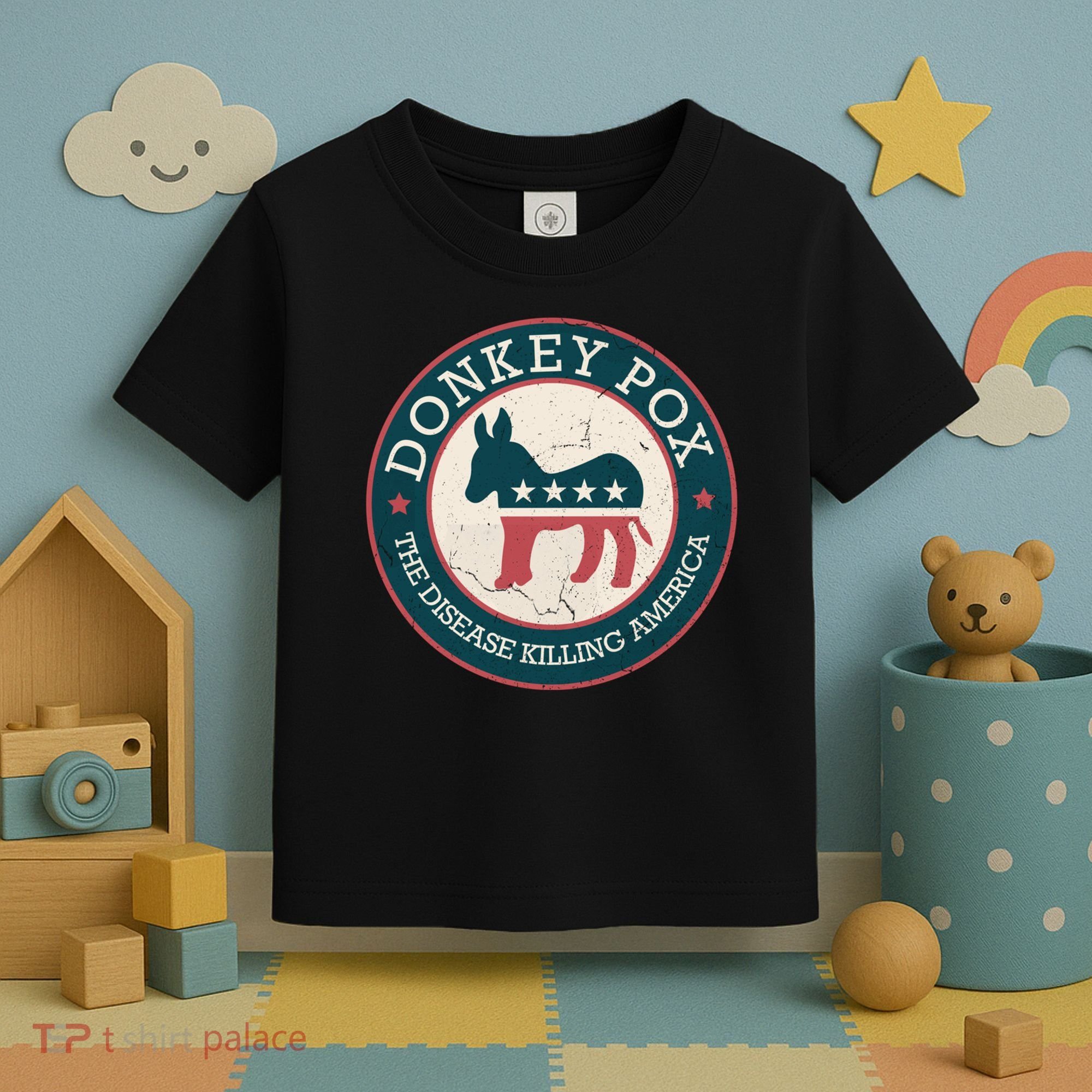 Donkey Pox The Disease Killing America Funny Meme Round Blue And Red With White Toddler T-Shirt