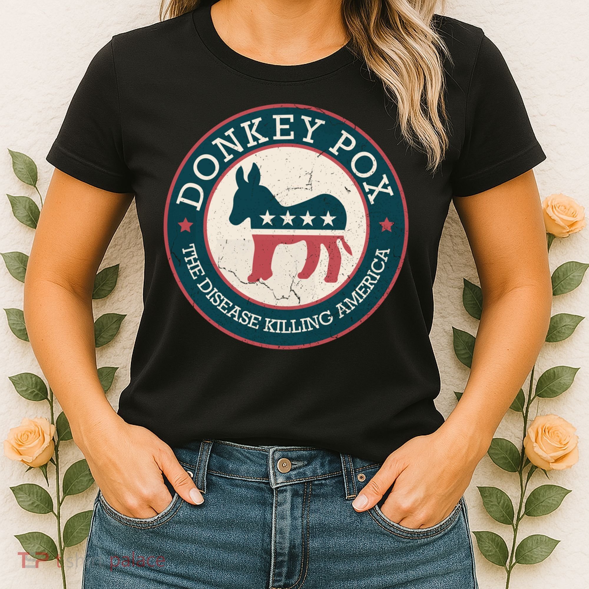 Donkey Pox The Disease Killing America Funny Meme Round Blue And Red With White Women's T-Shirt