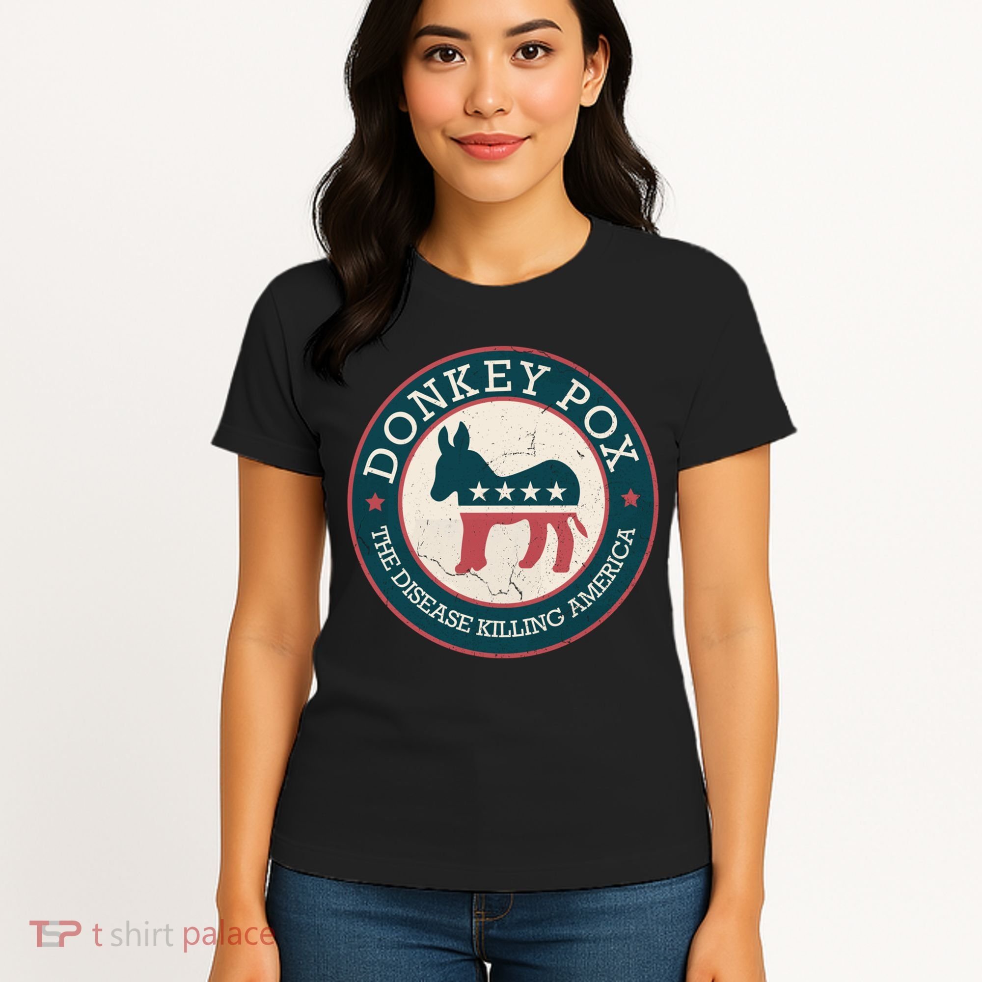Donkey Pox The Disease Killing America Funny Meme Round Blue And Red With White Women's T-Shirt