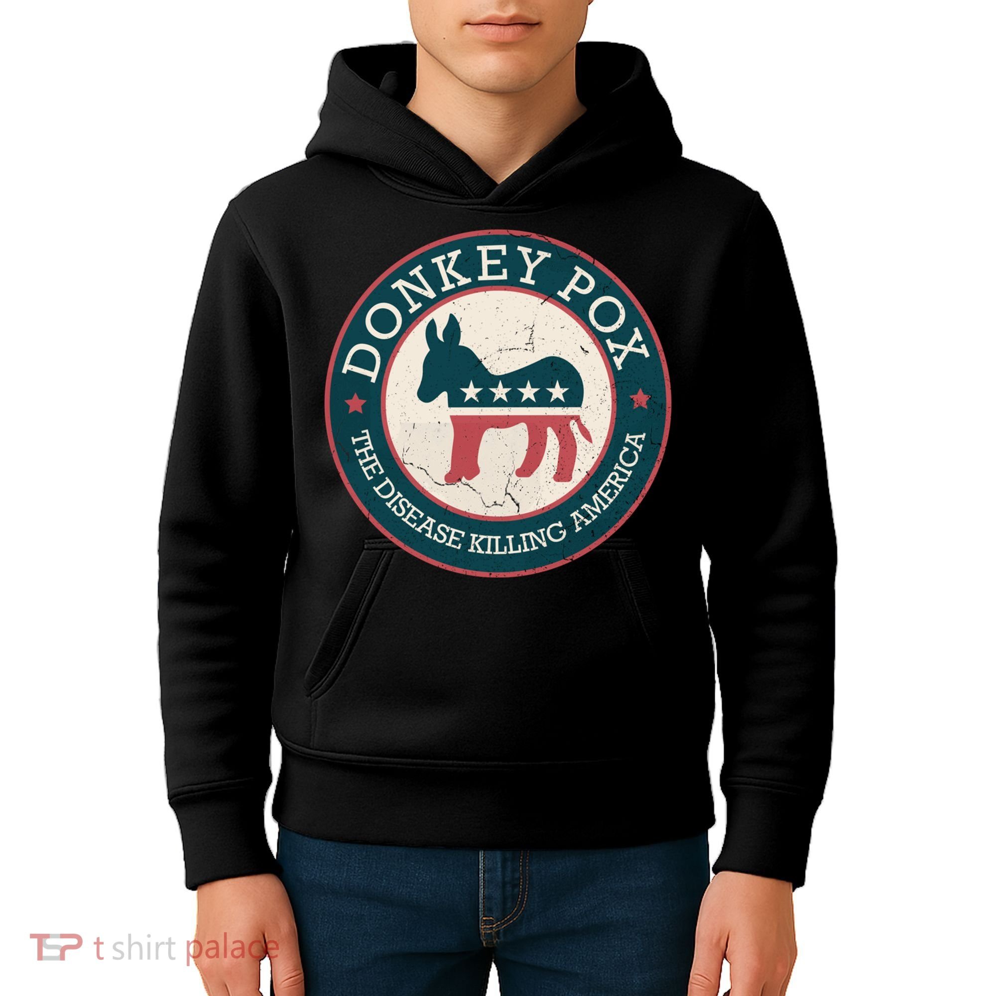 Donkey Pox The Disease Killing America Funny Meme Round Blue And Red With White Kids Hoodie