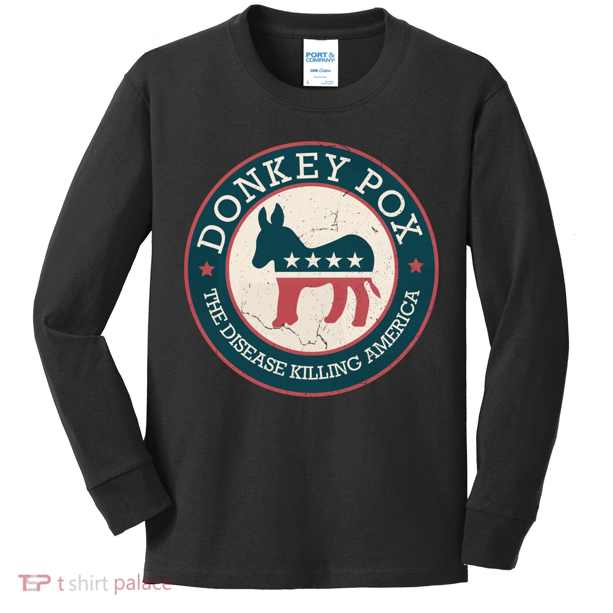 Donkey Pox The Disease Killing America Funny Meme Round Blue And Red With White Kids Long Sleeve Shirt