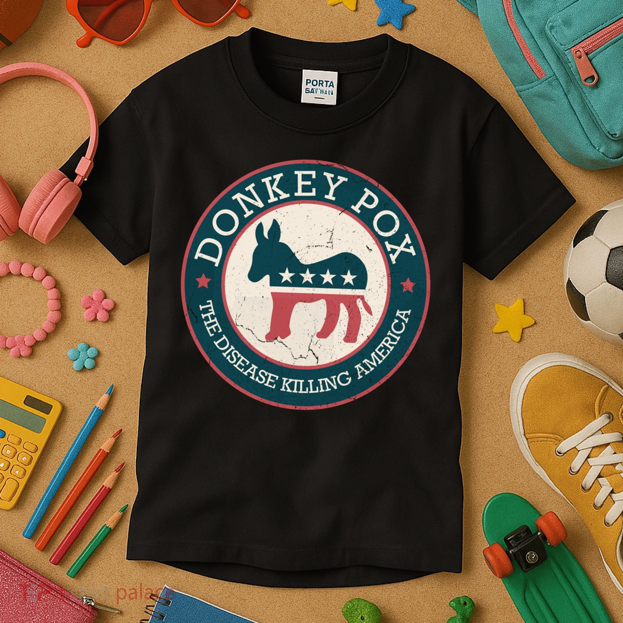 Donkey Pox The Disease Killing America Funny Meme Round Blue And Red With White Kids T-Shirt
