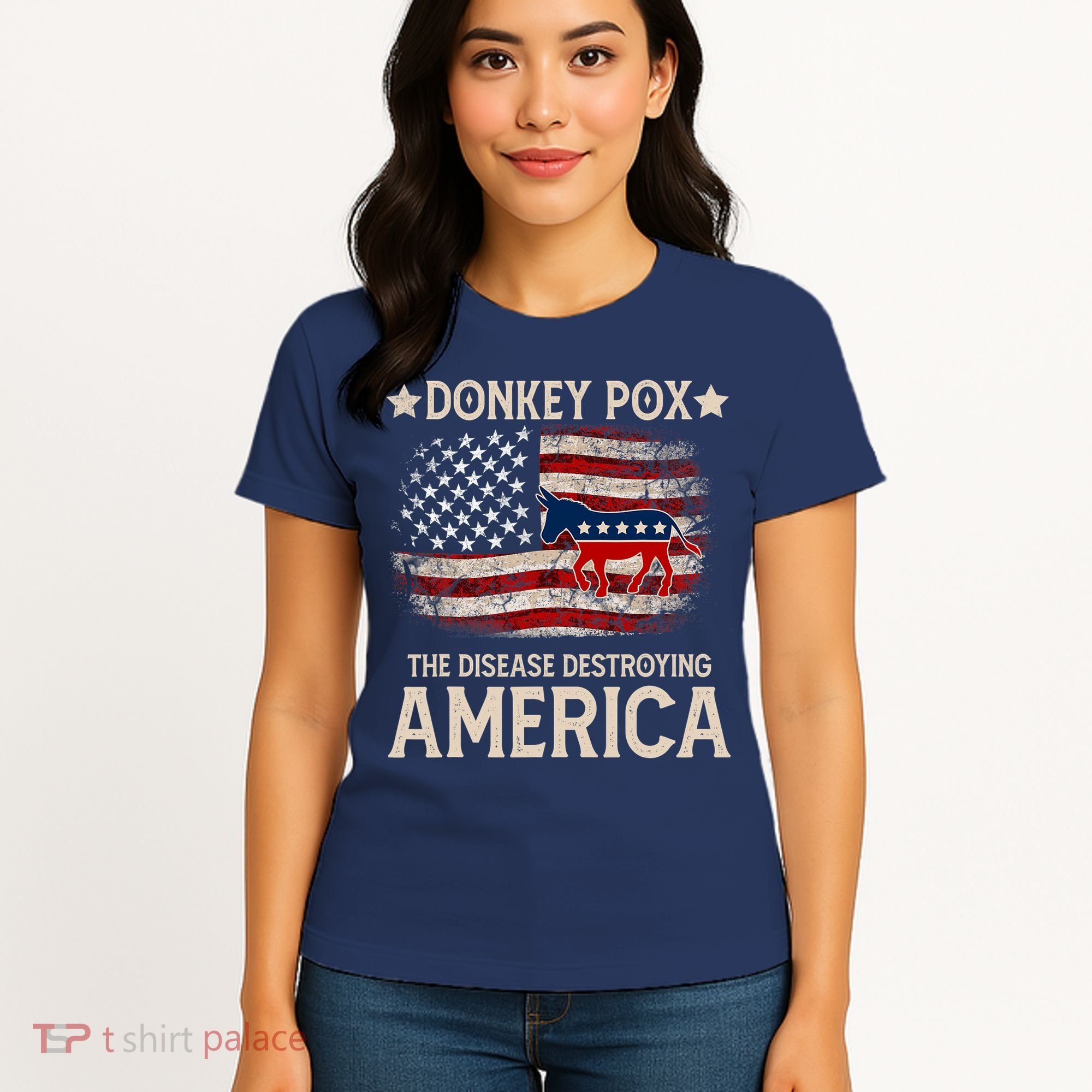 Donkey Pox The Disease Destroying America Funny Donkeypox Amrica Flag Women's T-Shirt
