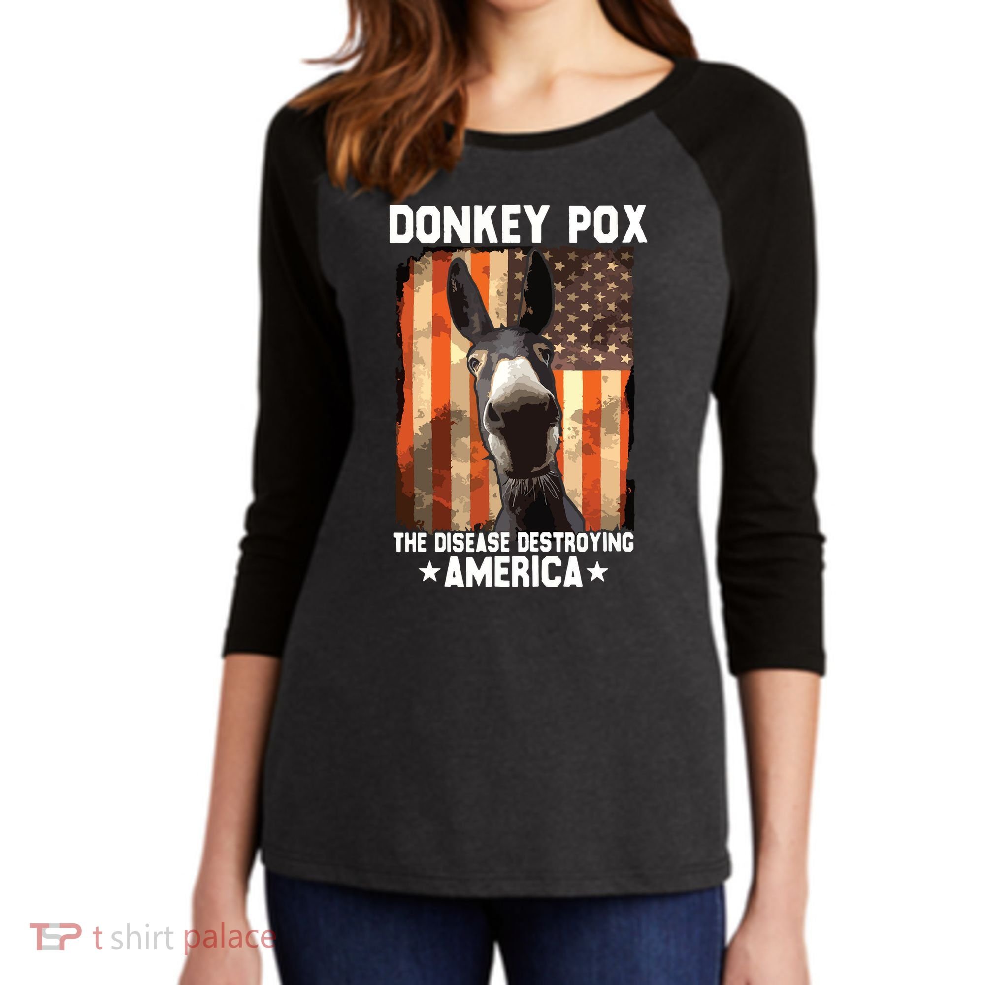 Donkey Pox The Disease Destroying America Donkeypox Funny Women's Tri-Blend 3/4-Sleeve Raglan Shirt