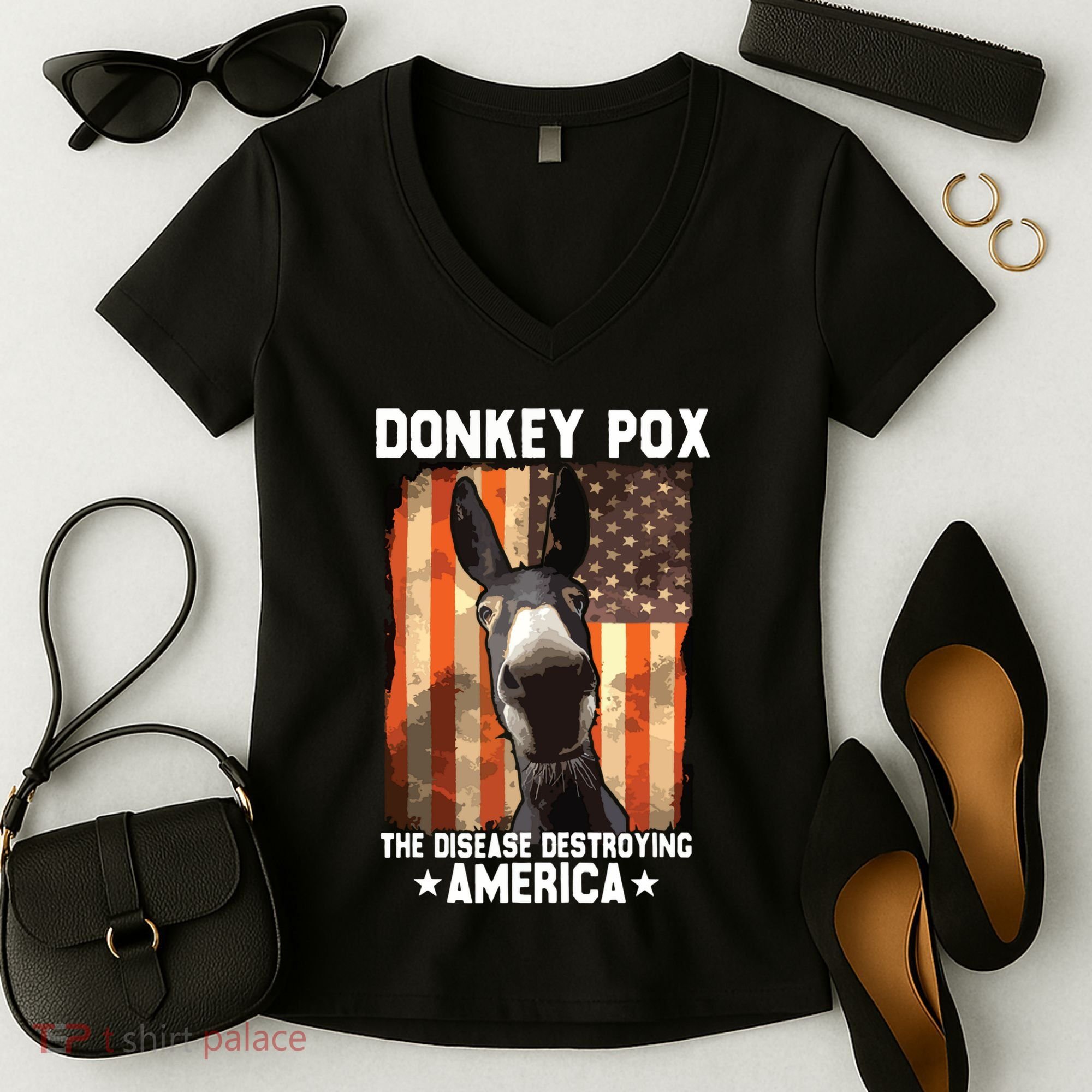 Donkey Pox The Disease Destroying America Donkeypox Funny Women's V-Neck T-Shirt
