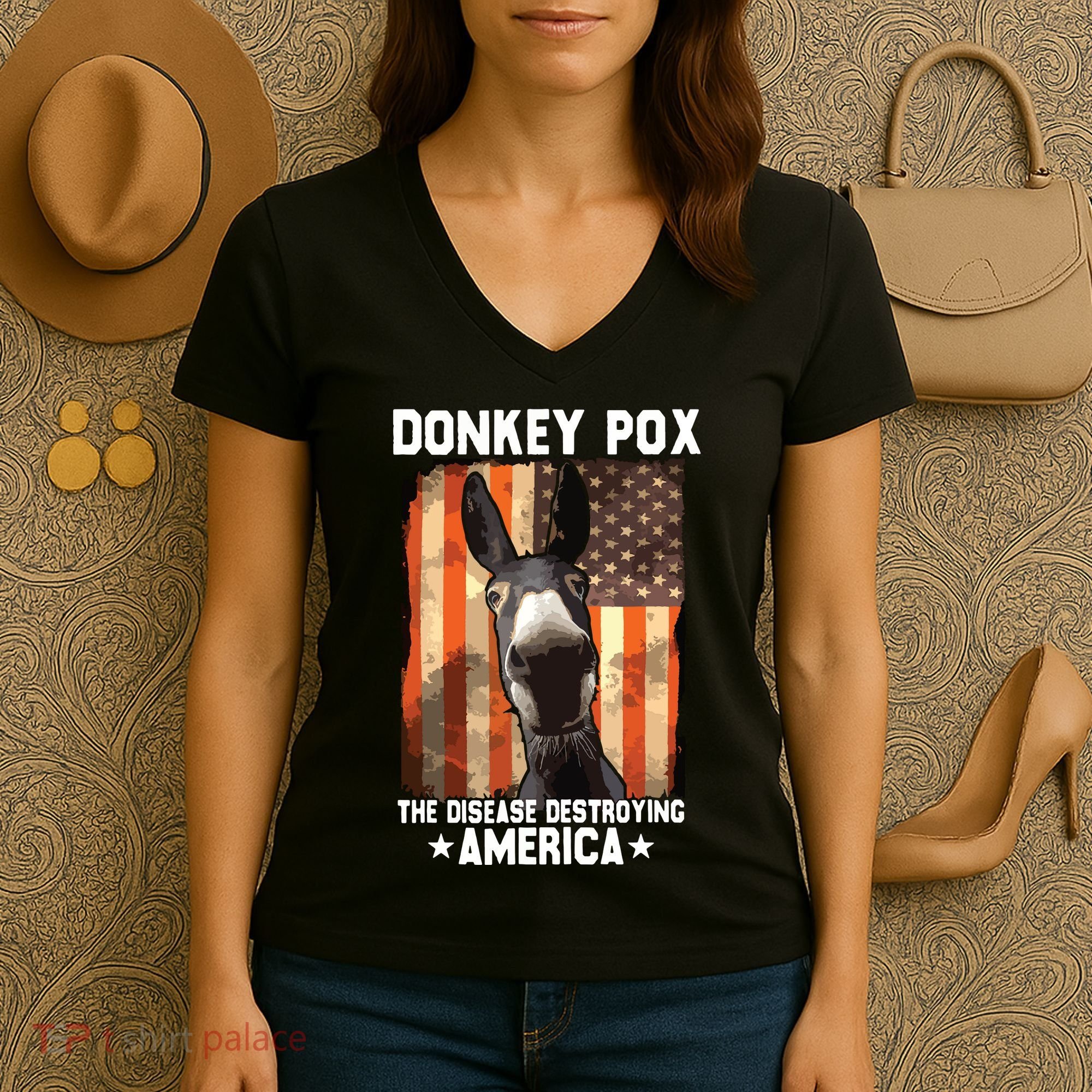 Donkey Pox The Disease Destroying America Donkeypox Funny Women's V-Neck T-Shirt