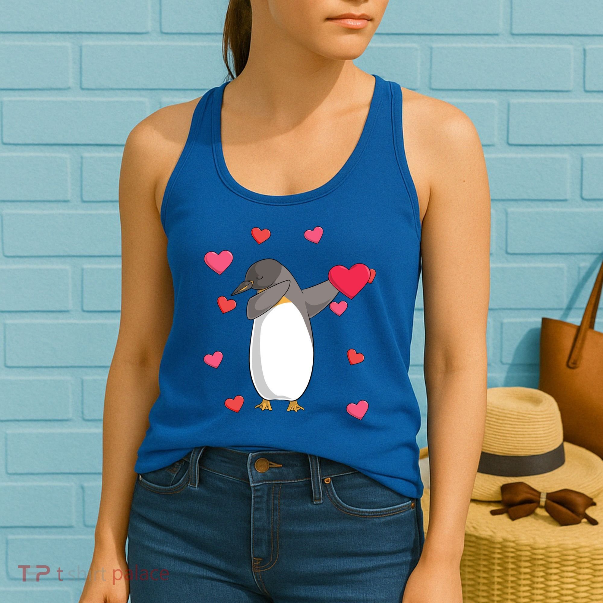Dabbing Penguin Valentine's Day Love Heart Dance Pose Cute Gift Women's Tank Top