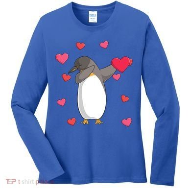 Dabbing Penguin Valentine's Day Love Heart Dance Pose Cute Gift Women's Long Sleeve Shirt