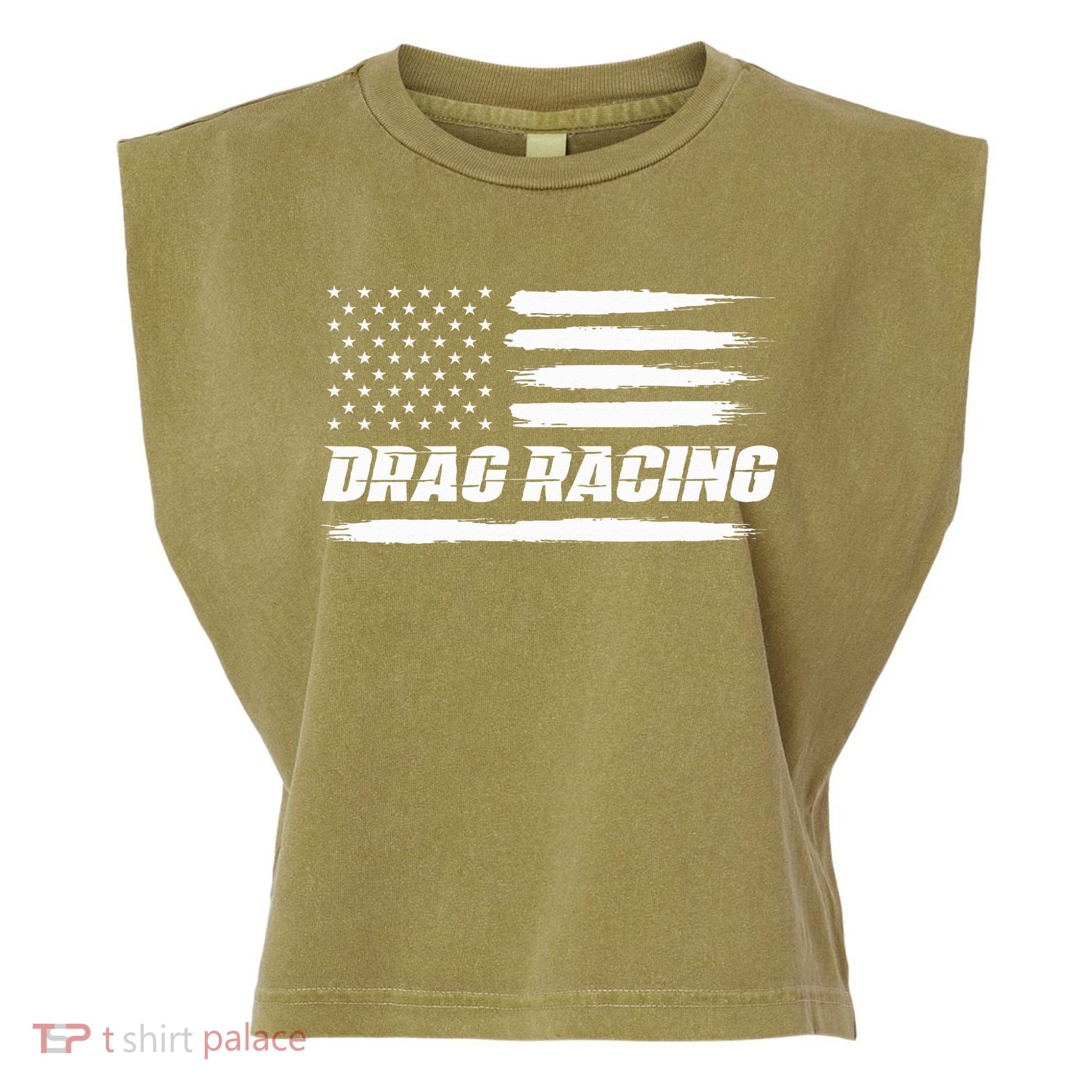 Drag Racing American Flag Drag Racer Race Garment-Dyed Women's Muscle Tee