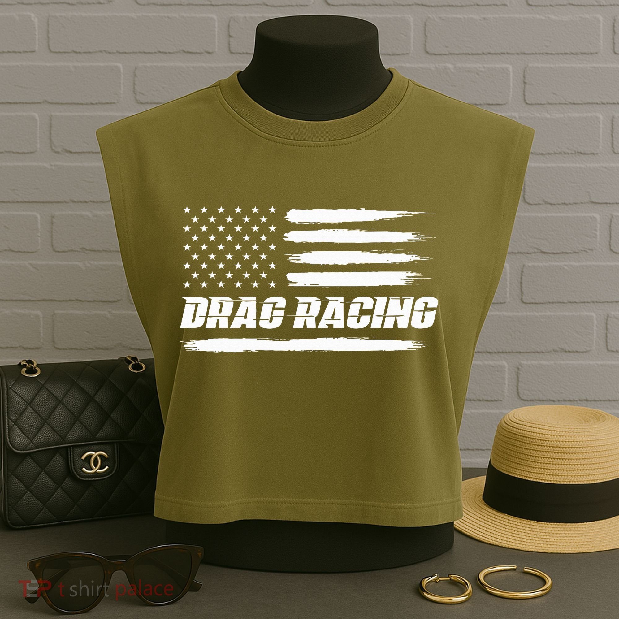 Drag Racing American Flag Drag Racer Race Garment-Dyed Women's Muscle Tee