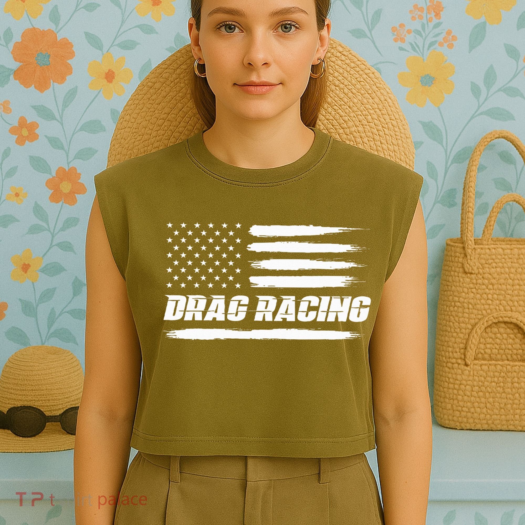 Drag Racing American Flag Drag Racer Race Garment-Dyed Women's Muscle Tee
