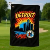 Detroit Retro Comic Style Golf Towel thumb 1