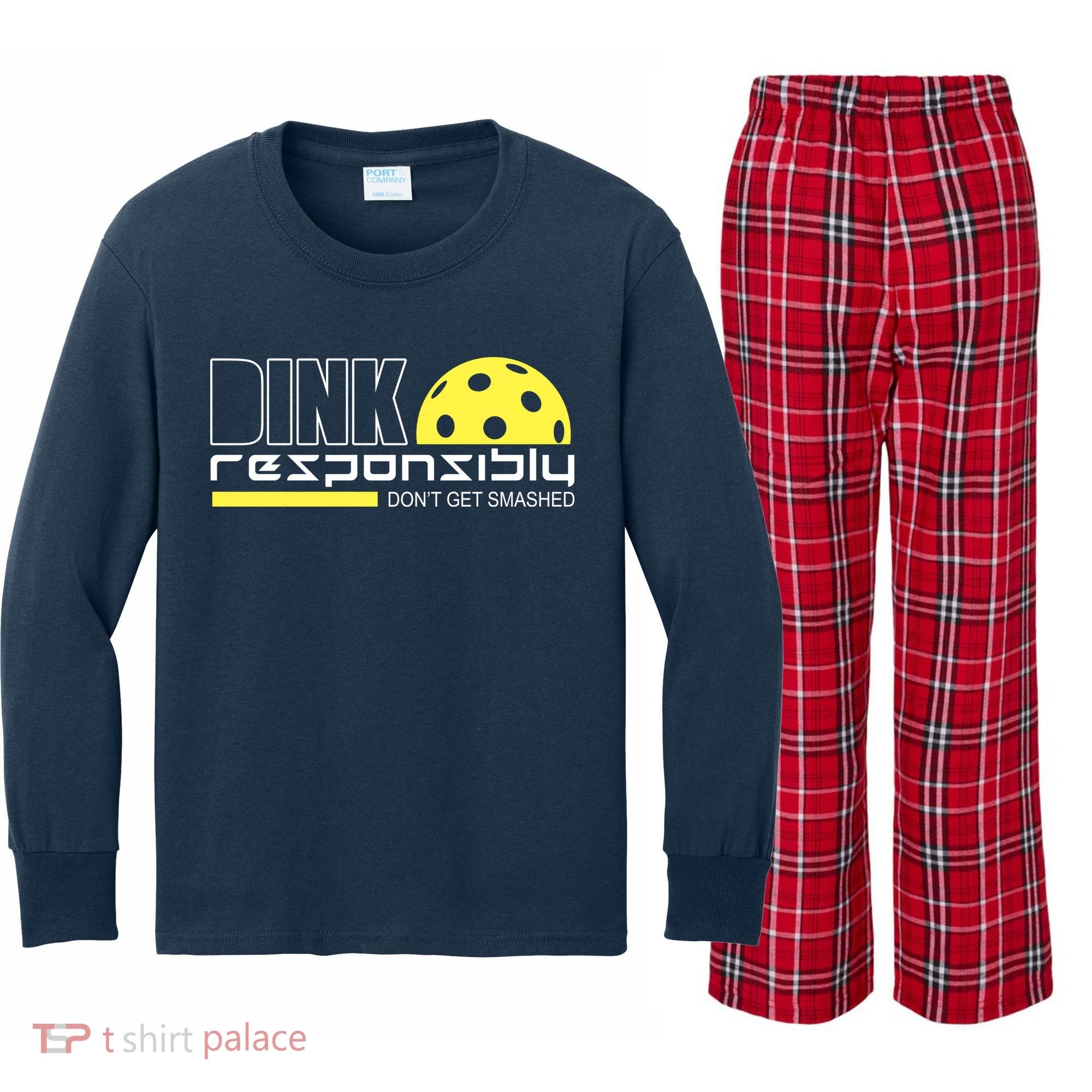 Dink Responsibly Don't Get Smashed Funny Pickleball Kids Long Sleeve Plaid Pajama Set