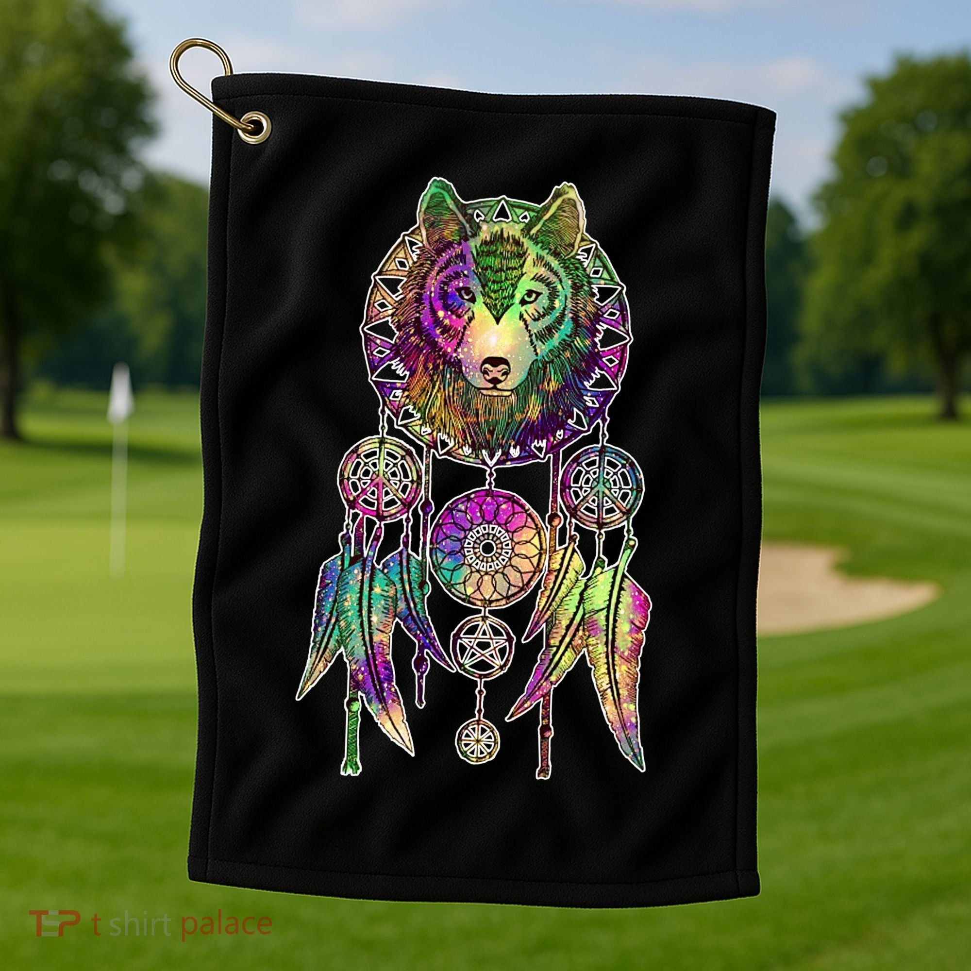 Dream Catcher Wolf Galaxy Golf Towel