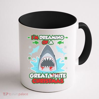 Dreaming of a Great White Shark Ugly Christmas Coffee Mug back