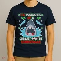Dreaming of a Great White Shark Ugly Christmas T-Shirt thumb 3