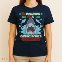 Dreaming of a Great White Shark Ugly Christmas T-Shirt thumb 4