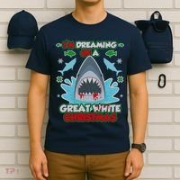 Dreaming of a Great White Shark Ugly Christmas T-Shirt thumb 6