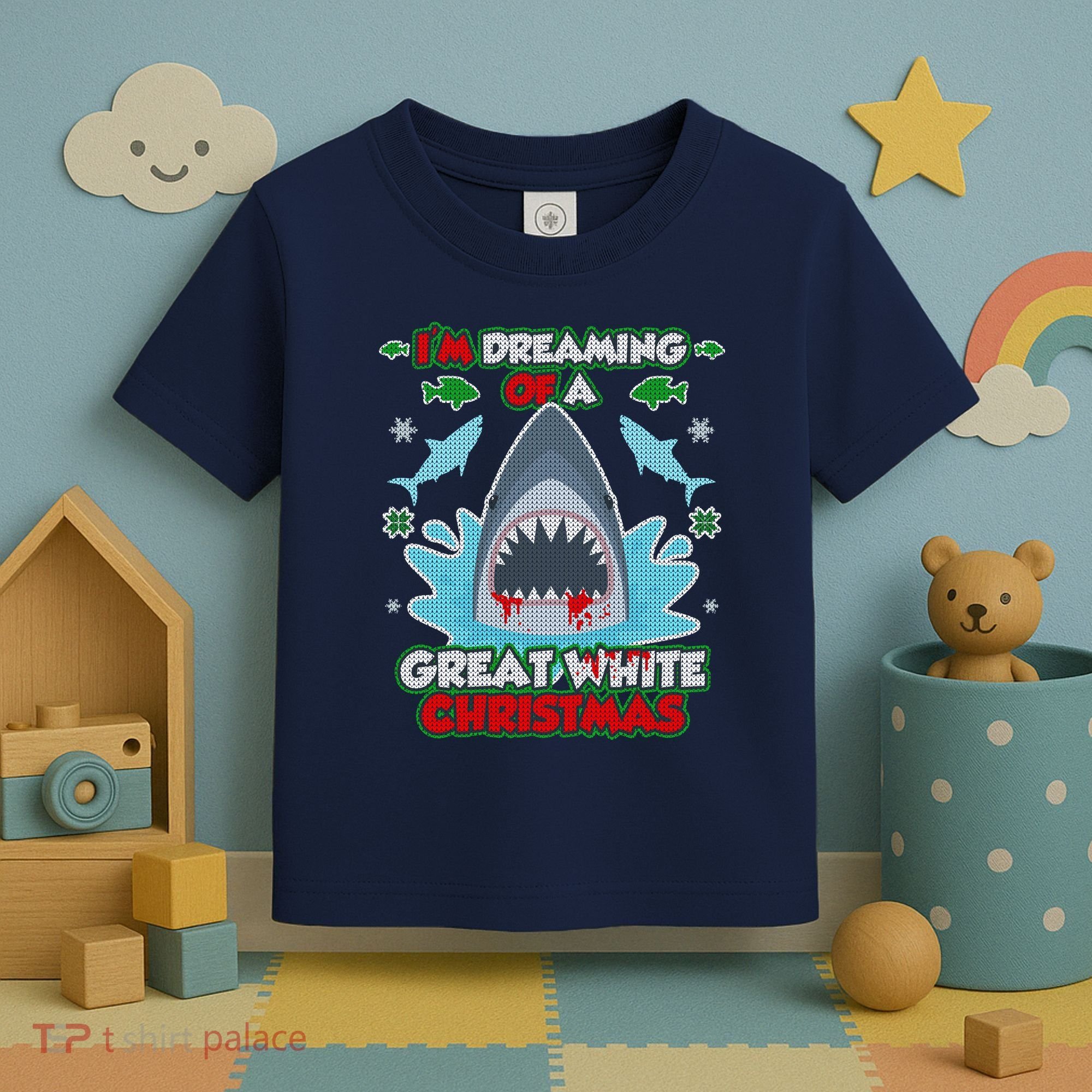 Dreaming of a Great White Shark Ugly Christmas Toddler T-Shirt