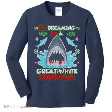 Dreaming of a Great White Shark Ugly Christmas Kids Long Sleeve Shirt