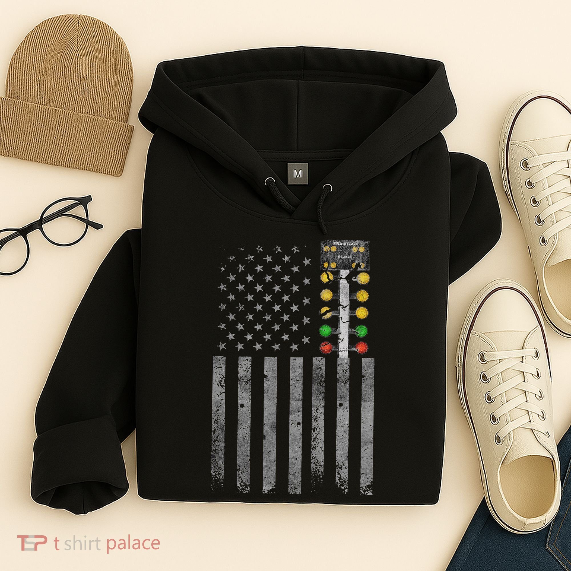 Drag Racing Flag American Drag Racer Drag Strip Tree Light Hoodie