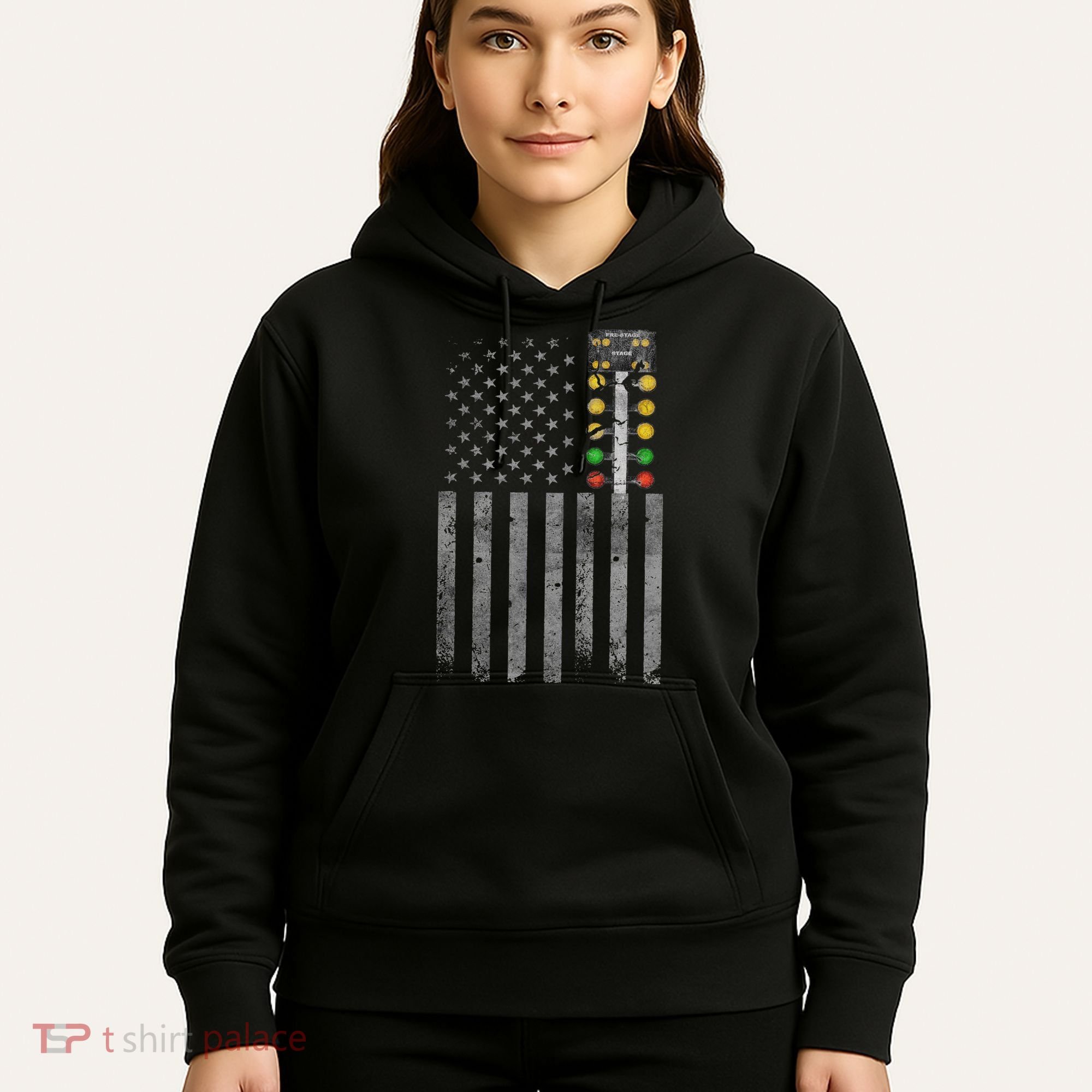 Drag Racing Flag American Drag Racer Drag Strip Tree Light Hoodie