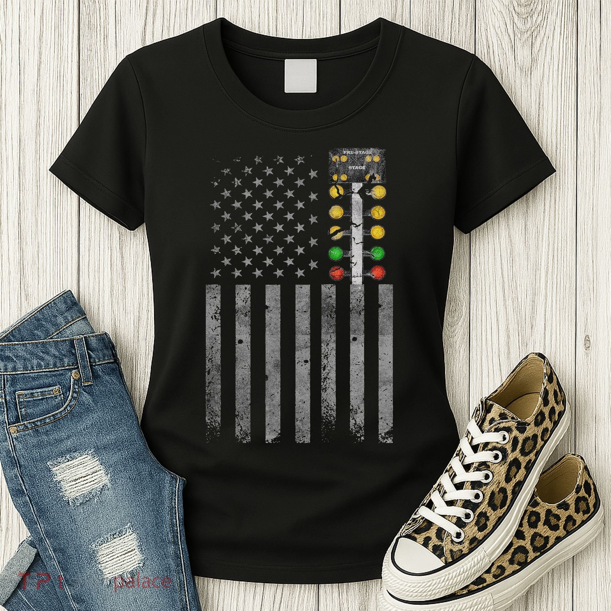 Drag Racing Flag American Drag Racer Drag Strip Tree Light Women's T-Shirt